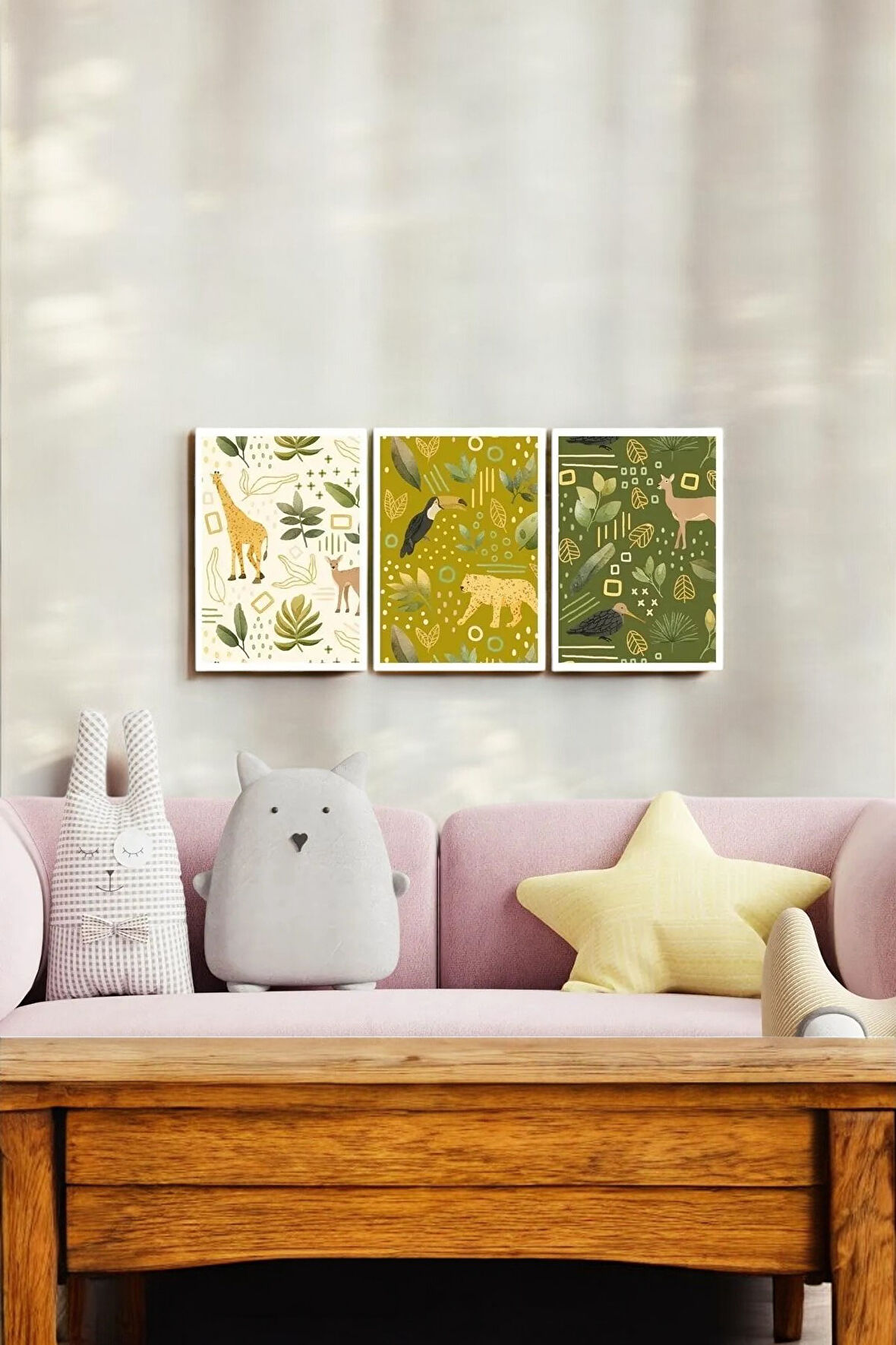 3 Parça (25x40) Büyük Boy Uv Baskı Mdf Çocuk Odası Doğadaki Hayvanlar Tablo Poster Seti - Set-410