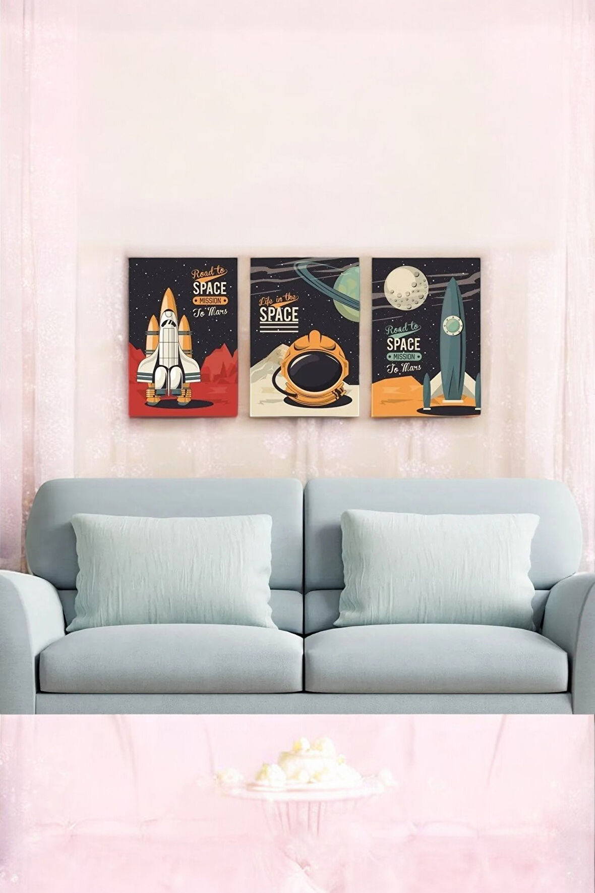 3 Parça (25x40) Büyük Boy Uv Baskı Çocuk Odası Uzay Roket Astronot Mdf Tablo Poster Seti - Set-226