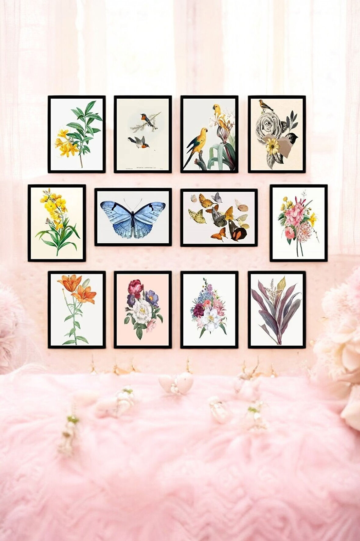 12 Parça (15x20) Uv Baskı Mdf Kelebek Kuş Çiçekli Boho Tablo Poster Seti - Set-403