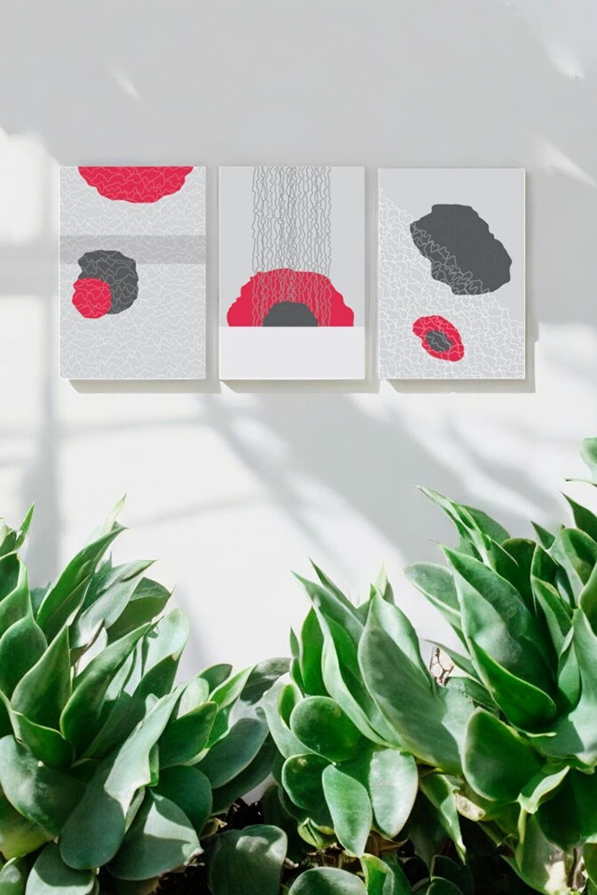 3 Parça (25x40) Büyük Boy Uv Baskı Mdf Kırmızı Gri Temalı Tablo Poster Seti - Set-324