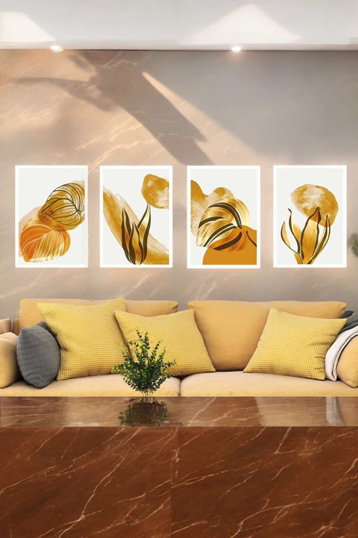 4 Parça (25x40) Büyük Boy Uv Baskı Mdf Gold Yapraklar Salon Tablo Poster Seti - Set-158