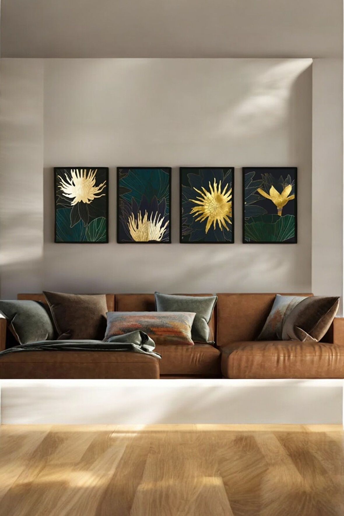 4 Parça (25x40) Büyük Boy Uv Baskı Mdf Gold Çiçekler Salon Tablo Poster Seti - Set-154
