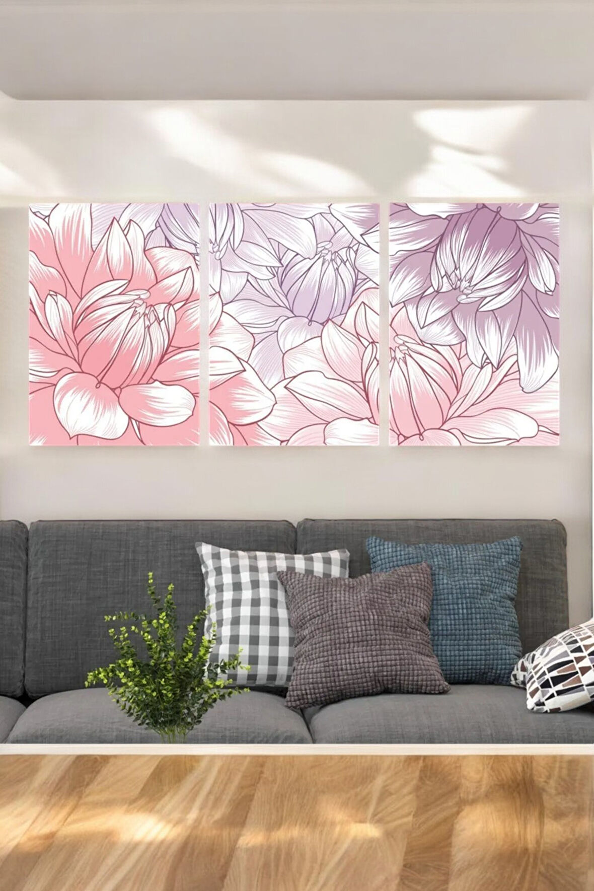 3 Parça (25x40) Büyük Boy Uv Baskı Mdf Pembe Lila Renk Harika Çiçek Tablo Poster Seti - Set-105