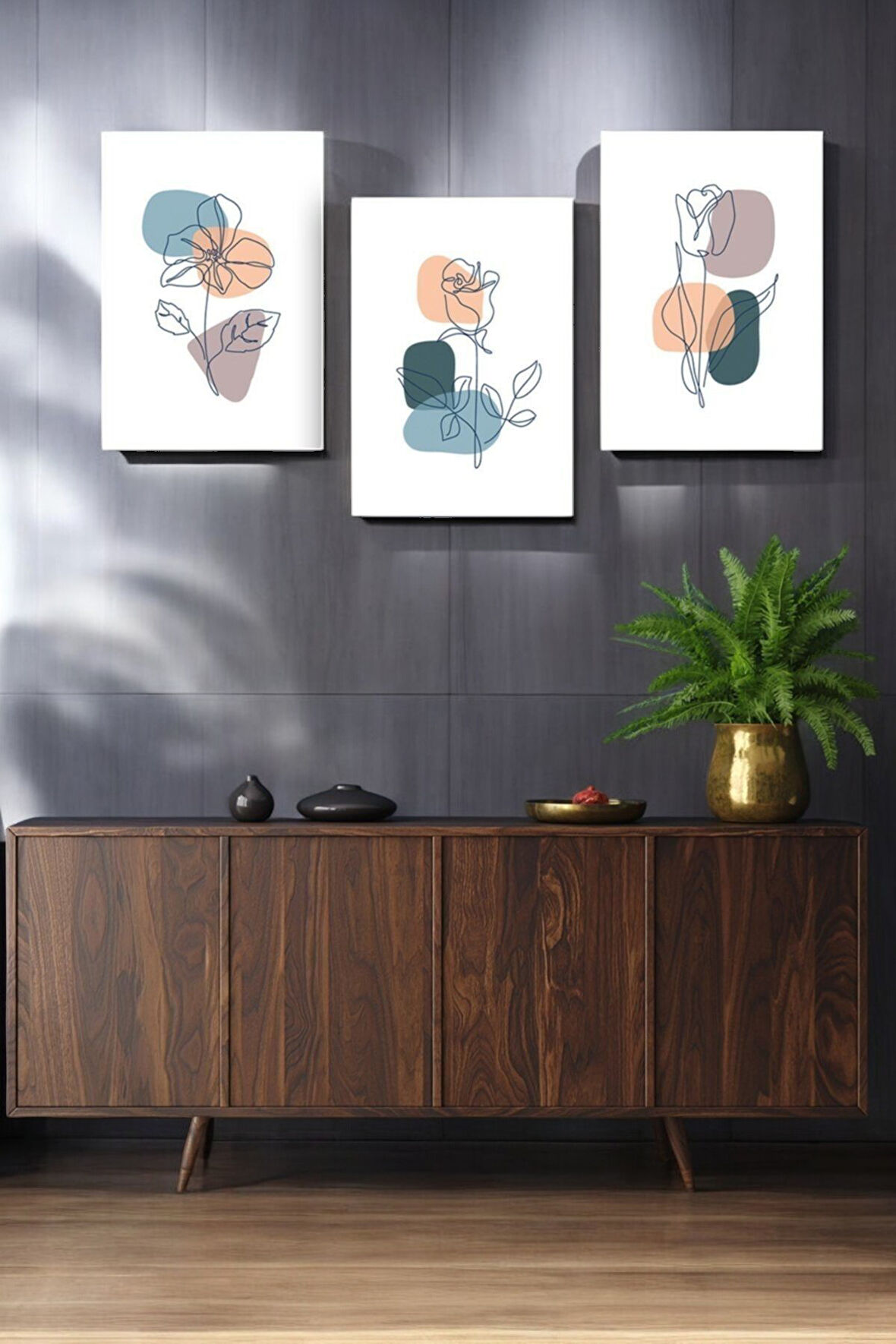 3 Parça (25x40) Büyük Boy Uv Baskı Mdf Pastel Renk Gonca Gül Tablo Poster Seti - Set-75