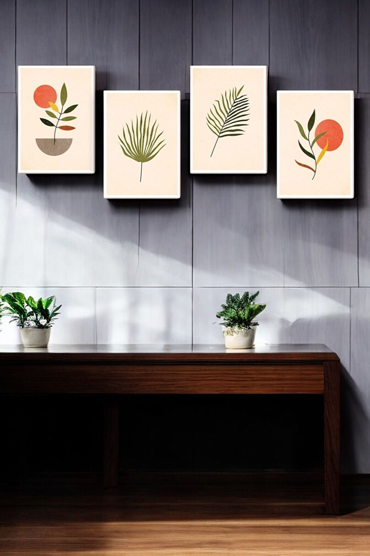 4 Parça (25x40) Büyük Boy Uv Baskı Mdf Kızıl Güneş Renkli Yaprak Tablo Poster Seti - Set-74