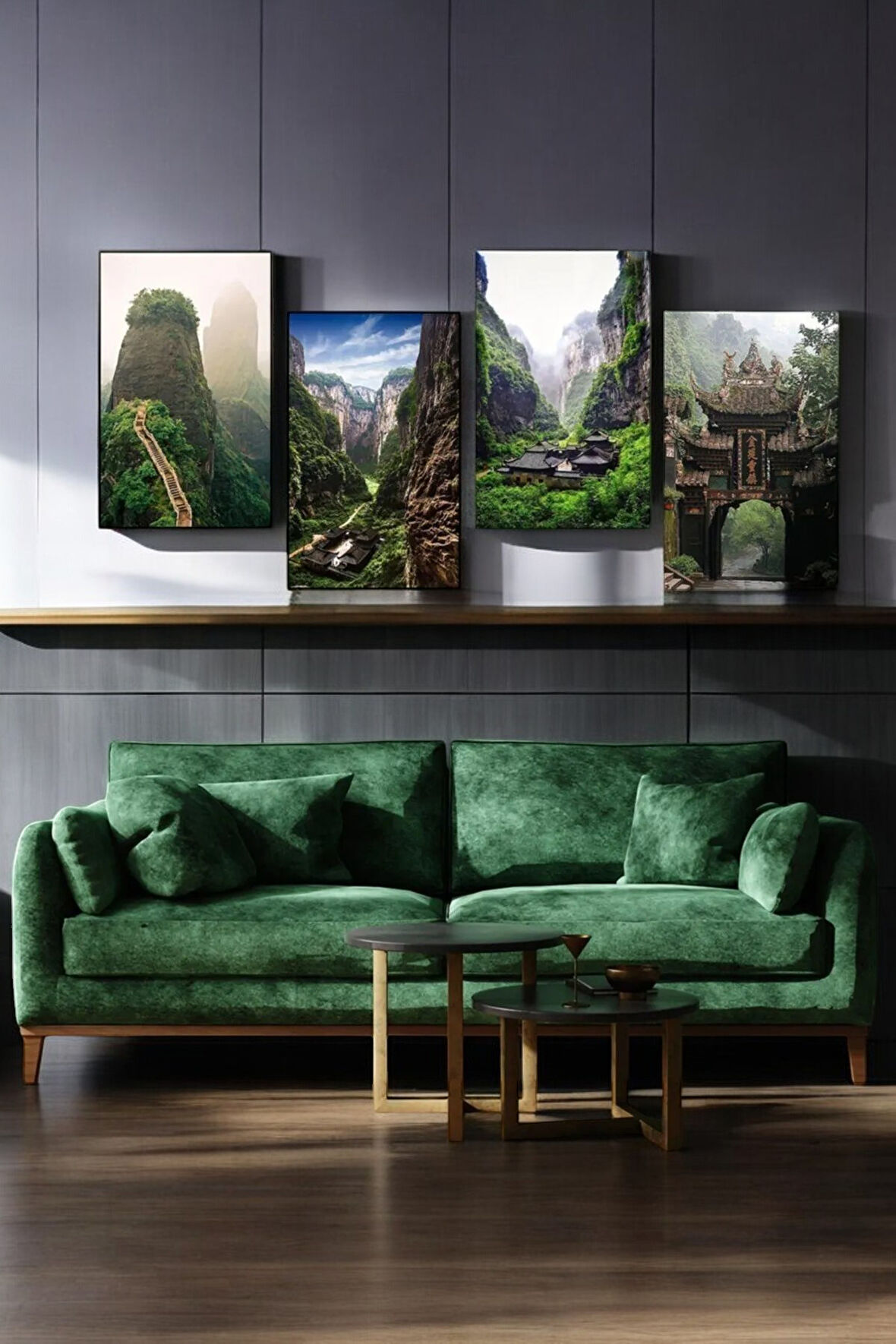 4 Parça (25x40) Büyük Boy Uv Baskı Mdf Doğa Manzaralı Japon Evleri Tablo Poster Seti - Set-23