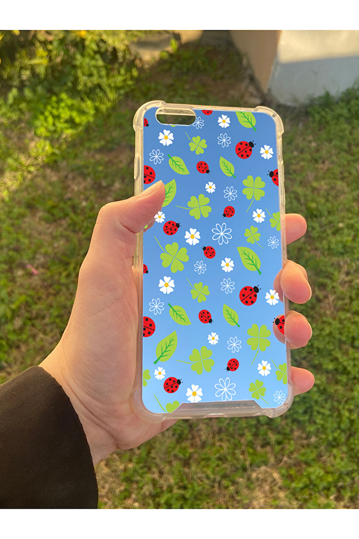 İphone 6 Plus İle Uyumlu Aynalı Uğur Böceği Desenli Darbe Kamera Korumalı Silikon Telefon Kılıfı