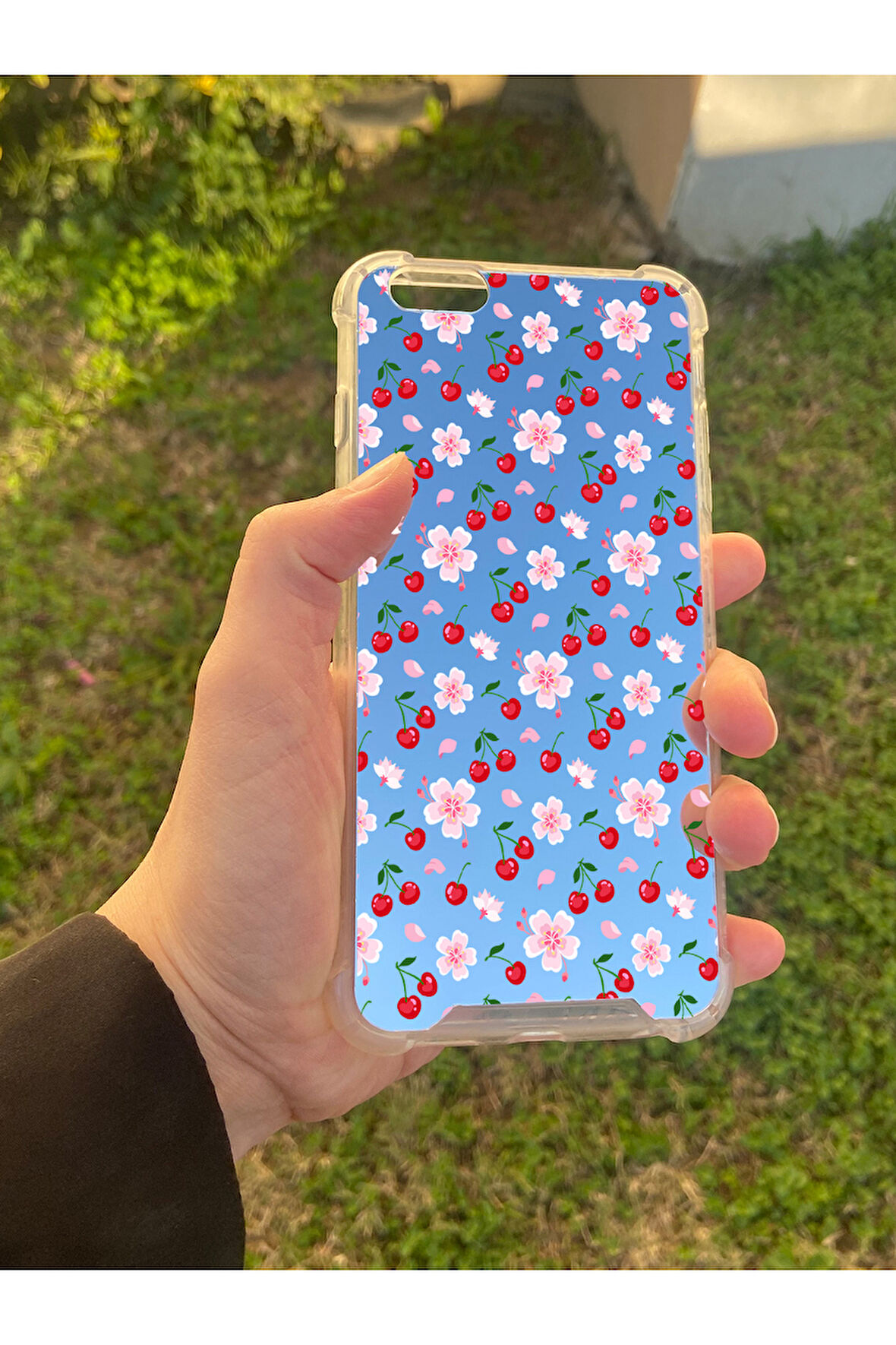 İphone 6S Plus İle Uyumlu Aynalı Kiraz Desenli Darbe Kamera Korumalı Silikon Telefon Kılıfı
