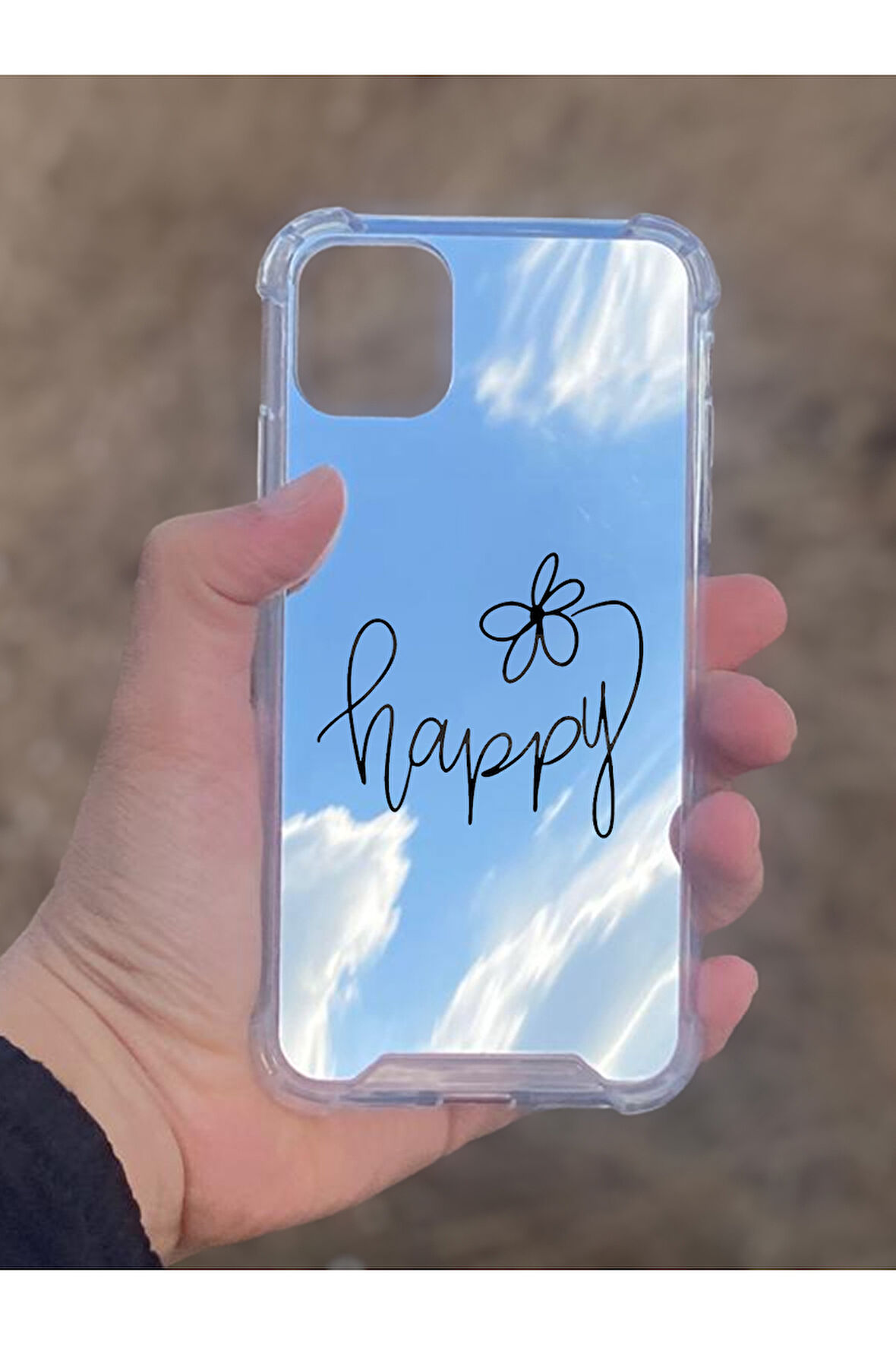 İphone 11 İle Uyumlu Aynalı Happy Desenli Darbe Kamera Korumalı Silikon Telefon Kılıfı