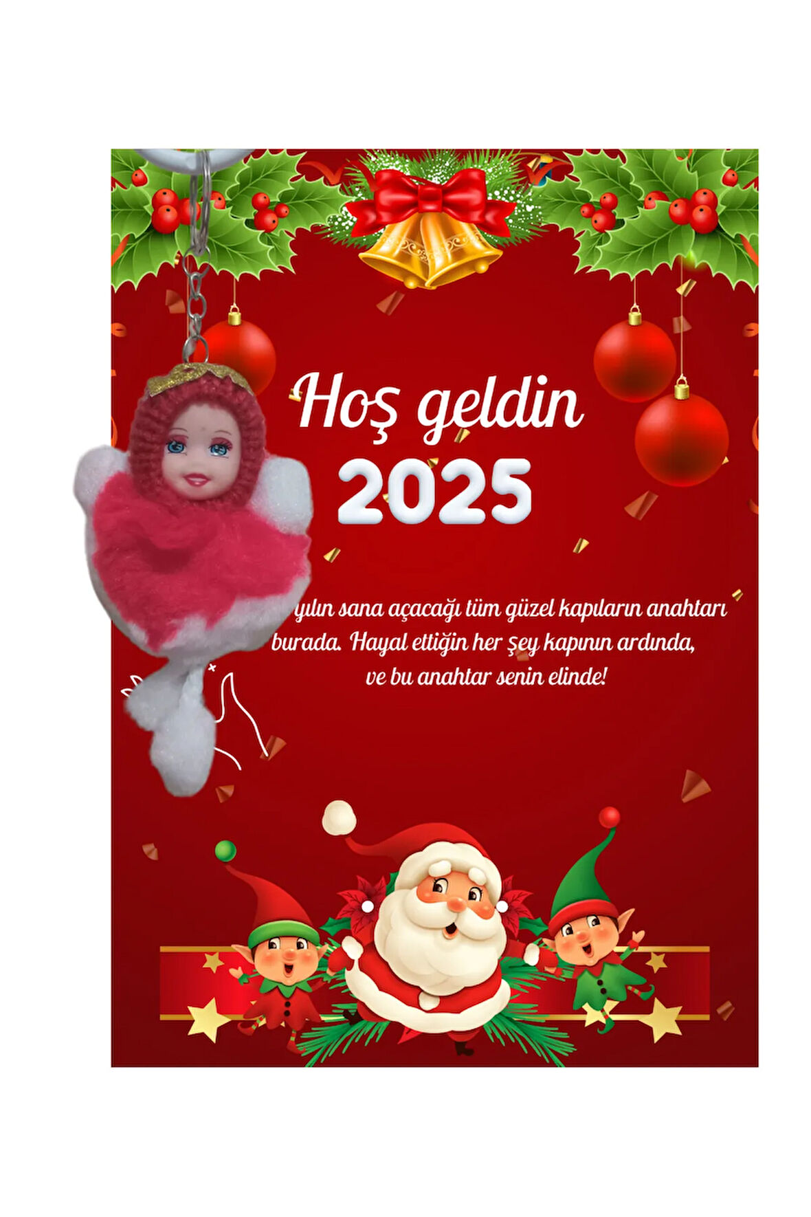 Yeni Yıl Noel Baba Kart Üzerinde Anahtarlık Peluş Bebek 5 Adet ( Kişiye Özel İsim Yazılabilir. )