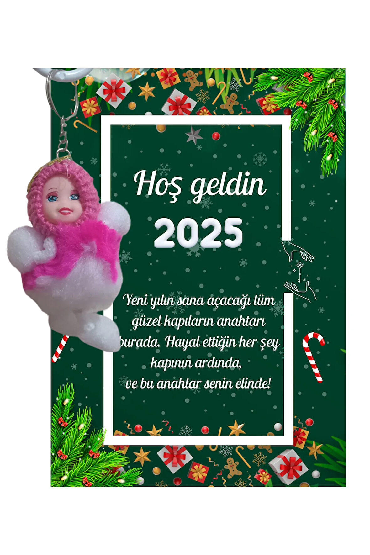 Yeni Yıl Kart Üzerinde Anahtarlık Peluş Bebek 5 Adet ( Kişiye Özel İsim Yazılabilir. )