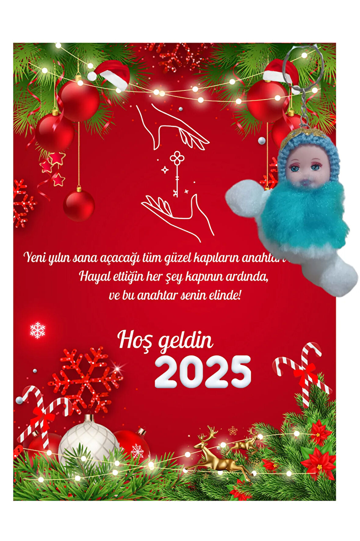 Yeni Yıl Geyik Kart Üzerinde Anahtarlık Peluş Bebek ( Kişiye Özel İsim Yazılabilir. )