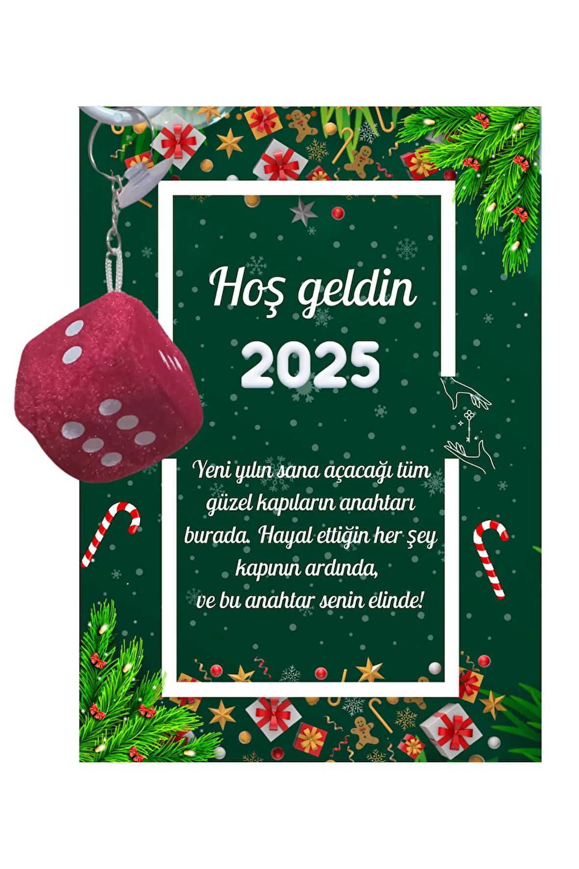 Yeni Yıl Kart Üzerinde Anahtarlık Zar Model 5 Adet ( Kişiye Özel İsim Yazılabilir. )