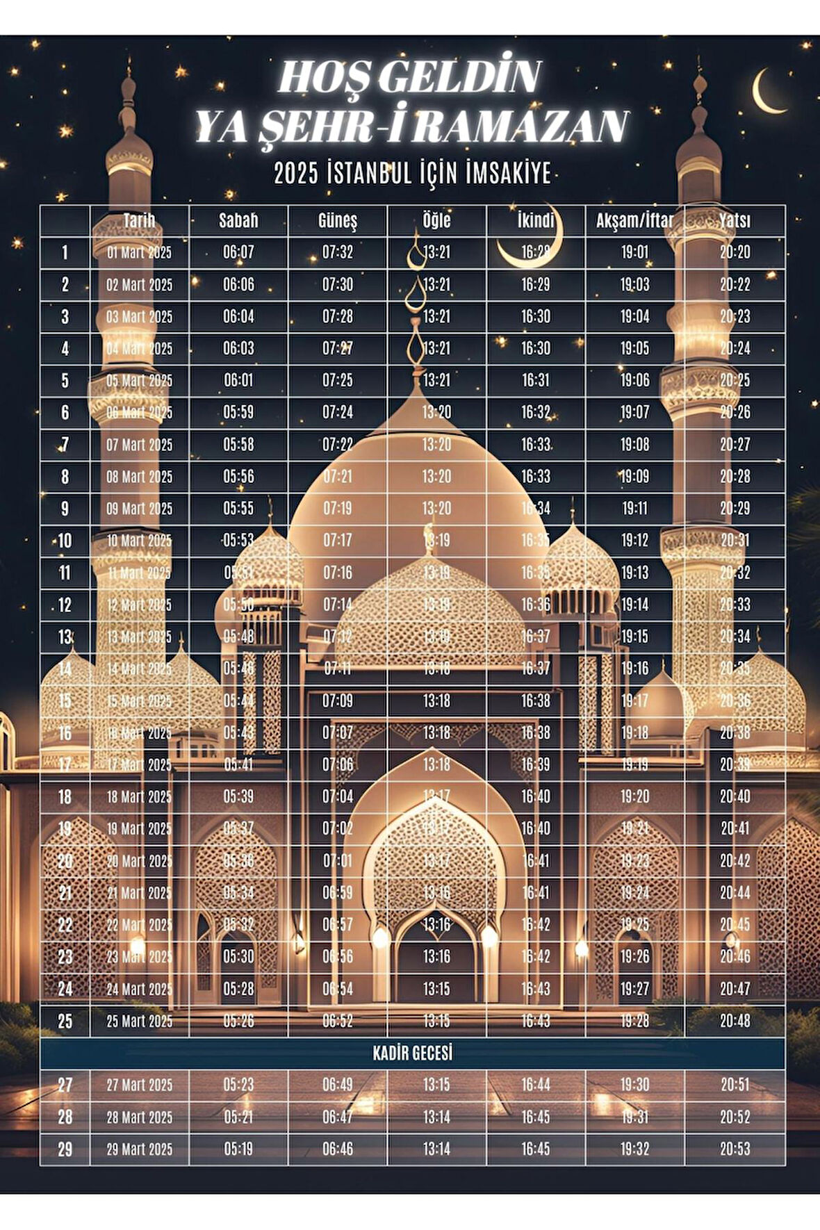 Ramazan İmsakiyesi Modern Kişiye Özel Tasarımlı Dijital Baskı 1 Adet A4 300 Gr Model 16