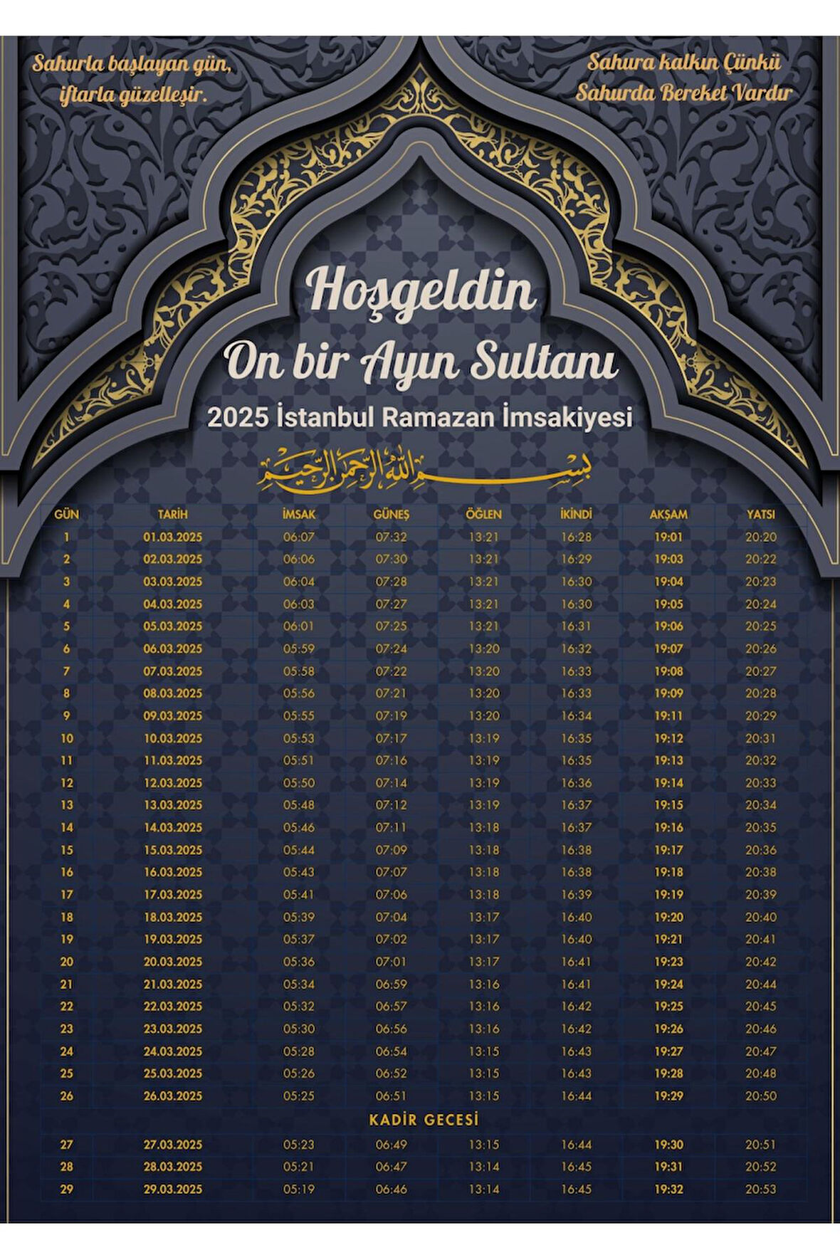 Ramazan İmsakiyesi Modern Kişiye Özel Tasarımlı Dijital Baskı 1 Adet A4 300 Gr Model 20