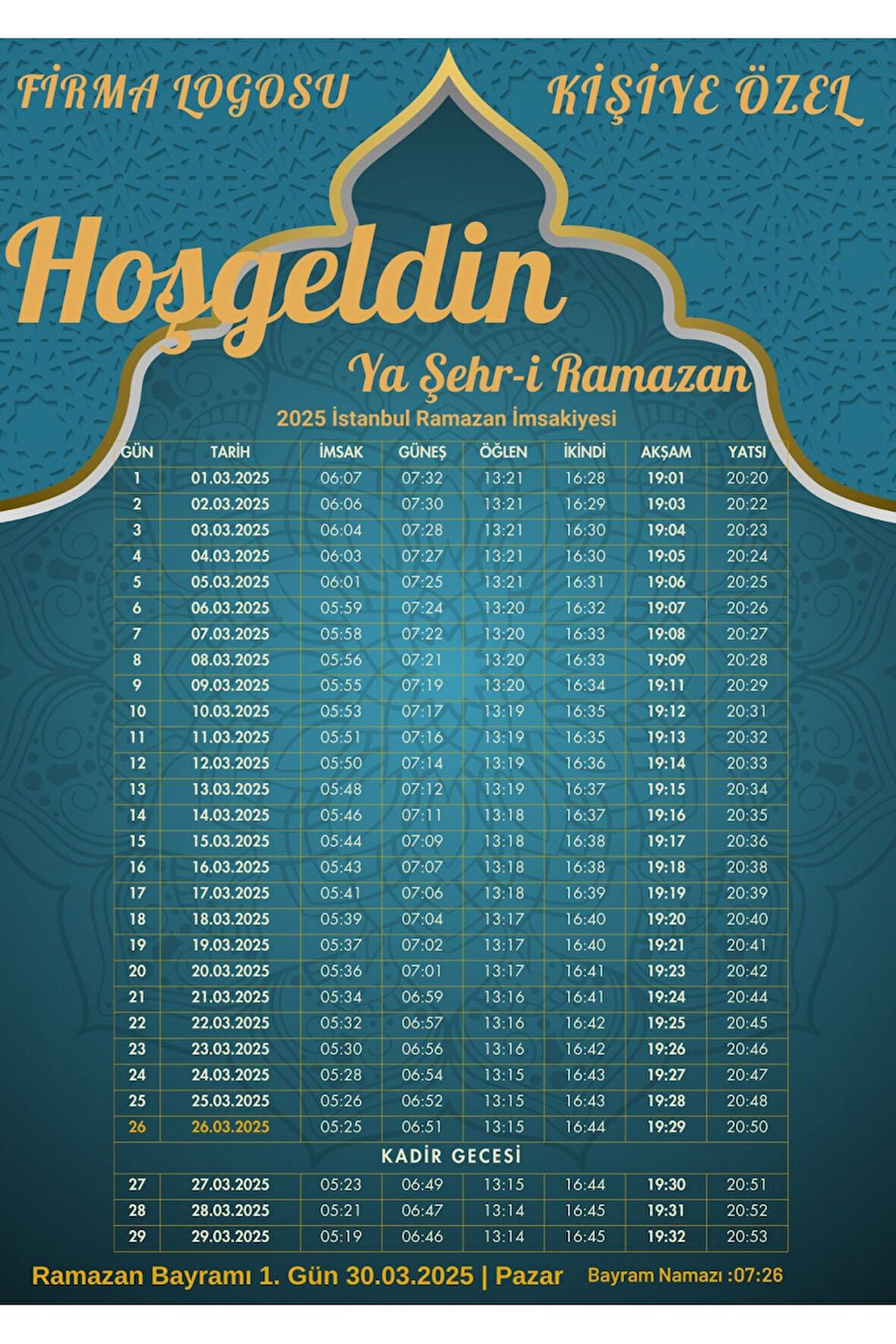 Ramazan İmsakiyesi Modern Kişiye Özel Tasarımlı Dijital Baskı 1 Adet A4 300 Gr Model 25