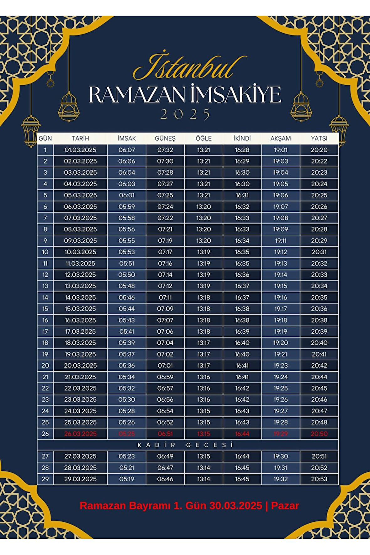 Ramazan İmsakiyesi Modern Kişiye Özel Tasarımlı Dijital Baskı 1 Adet A4 300 Gr Model 26