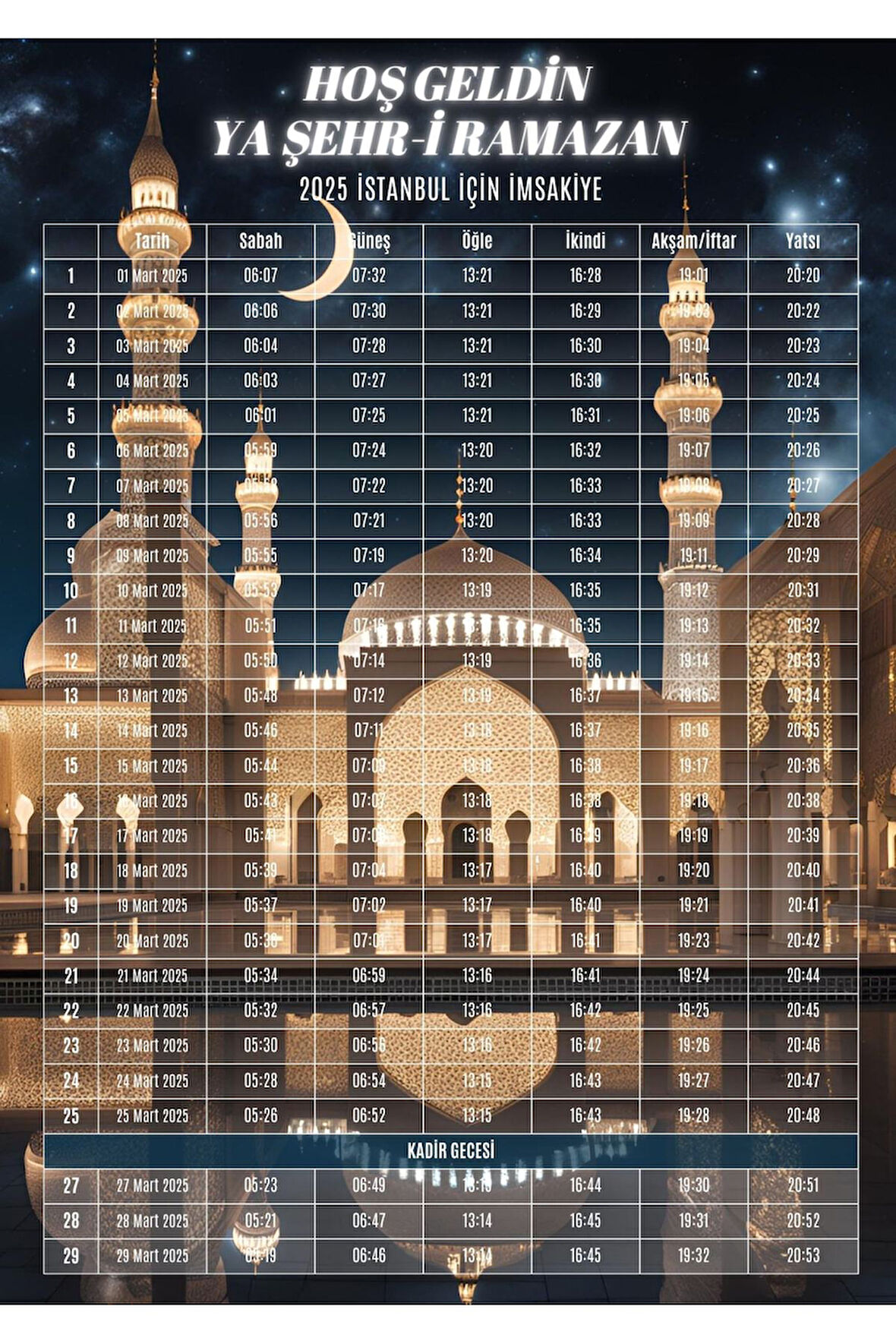 Ramazan İmsakiyesi Modern Kişiye Özel Tasarımlı Dijital Baskı 6 Adet A4 300 Gr Model 15