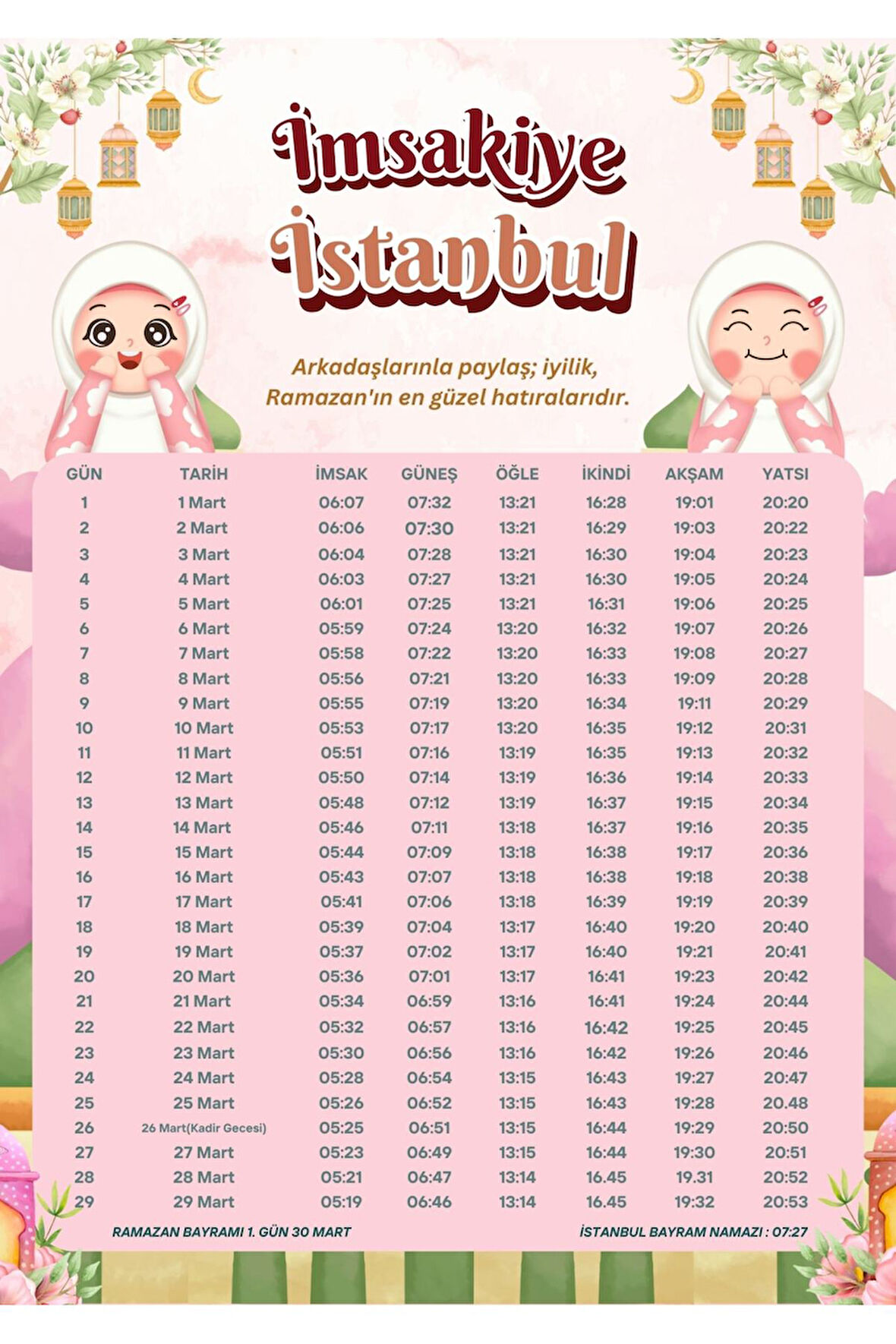 Ramazan İmsakiyesi Modern Kişiye Özel Tasarımlı Dijital Baskı 10 Adet A4 300 Gr Model 44