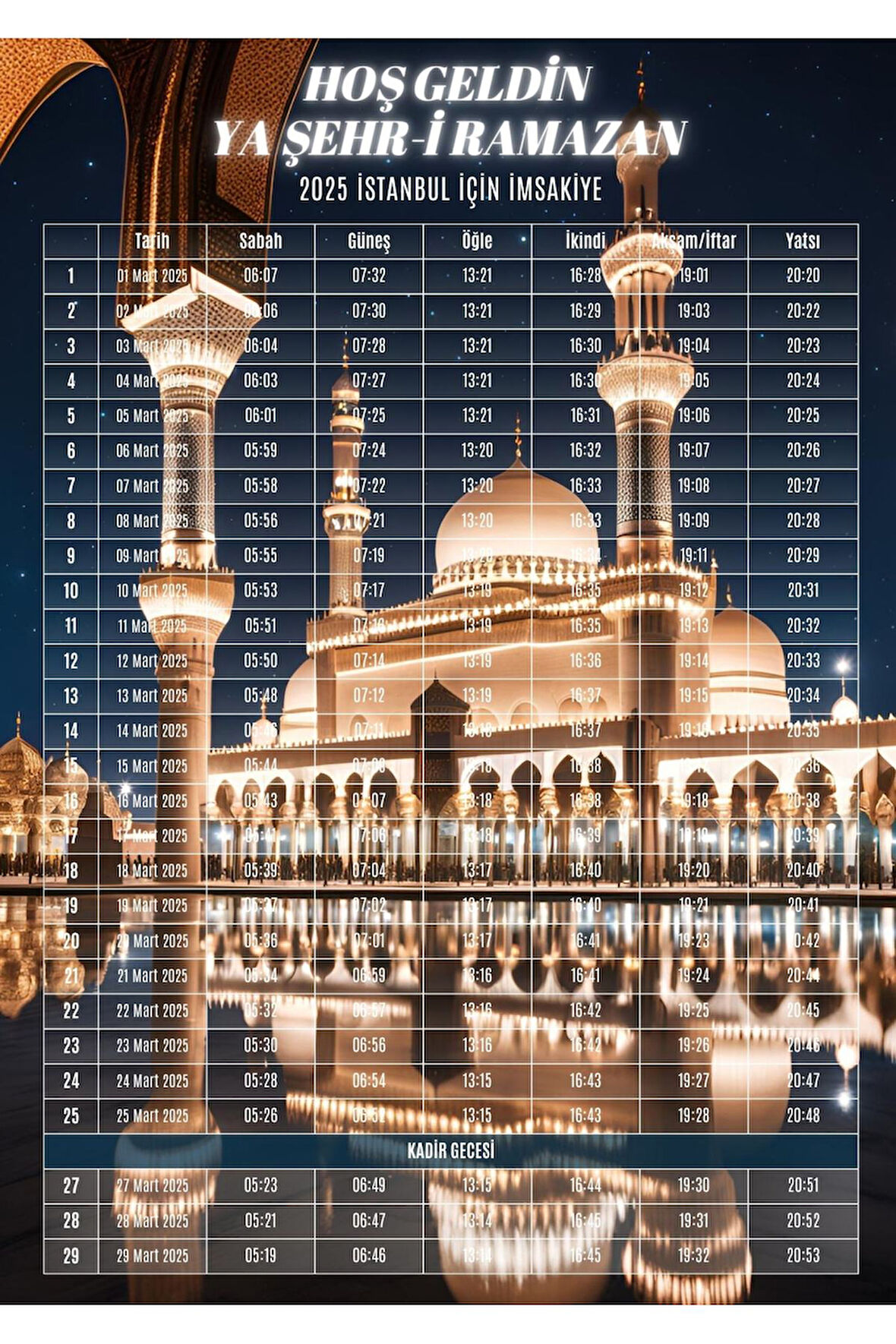 Ramazan İmsakiyesi Modern Kişiye Özel Tasarımlı Dijital Baskı 50 Adet A4 300 Gr Model 14