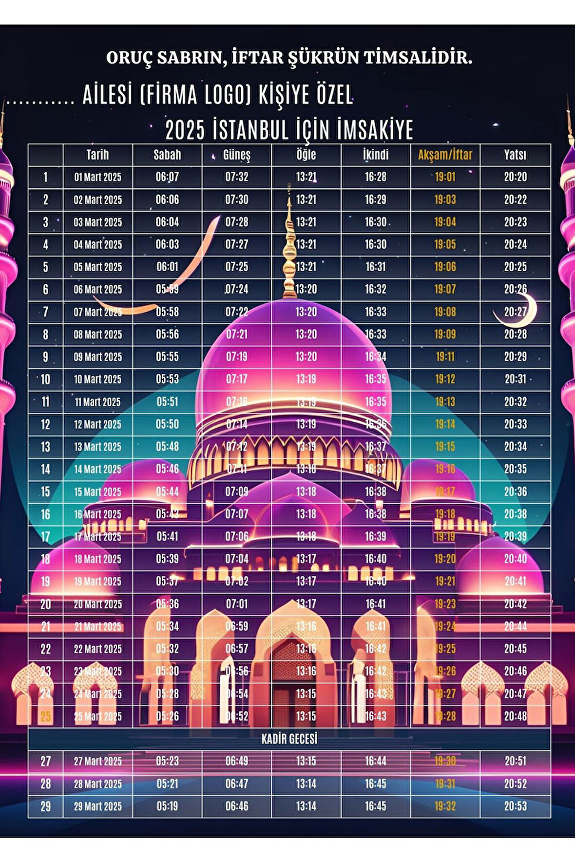 Ramazan İmsakiyesi Modern Kişiye Özel Tasarımlı Dijital Baskı 500 Adet A4 300 Gr Model 7