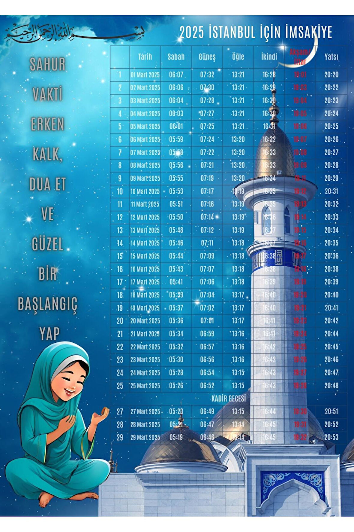 Ramazan İmsakiyesi Modern Kişiye Özel Tasarımlı Dijital Baskı 1000 Adet A4 300 Gr Model 3