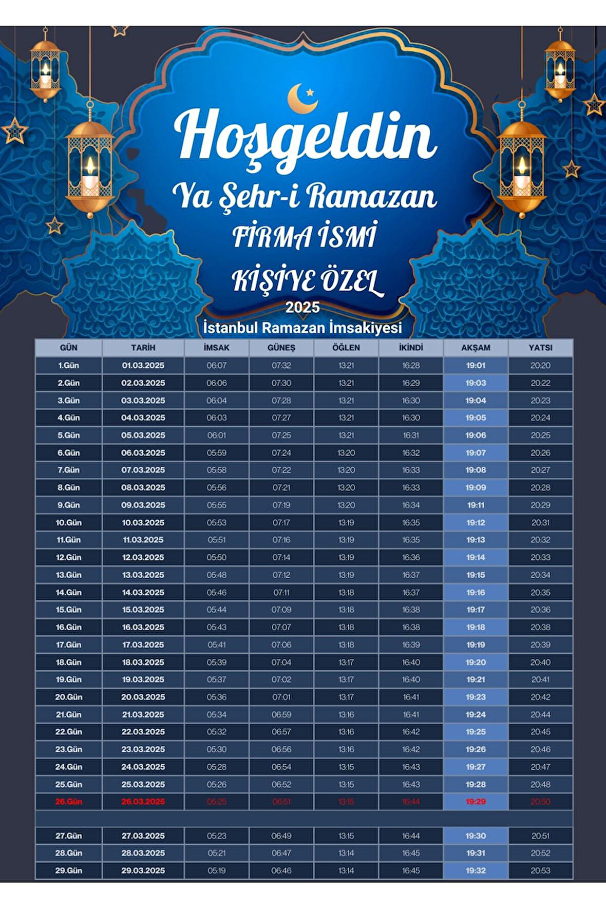 Ramazan İmsakiyesi Modern Kişiye Özel Tasarımlı Dijital Baskı 1000 Adet A4 300 Gr Model 24