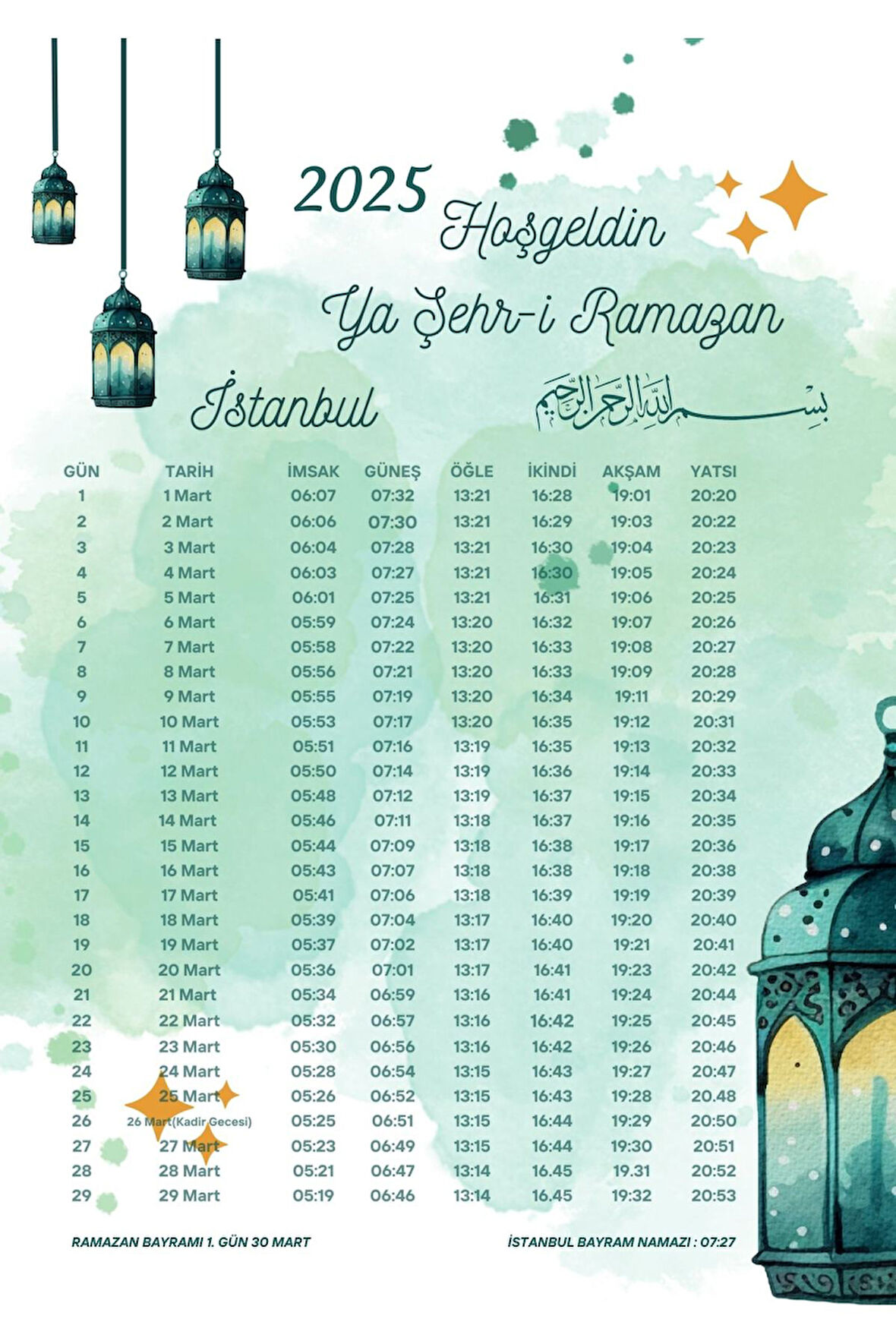 Ramazan İmsakiyesi Modern Kişiye Özel Tasarımlı Dijital Baskı 1000 Adet A4 300 Gr Model 43
