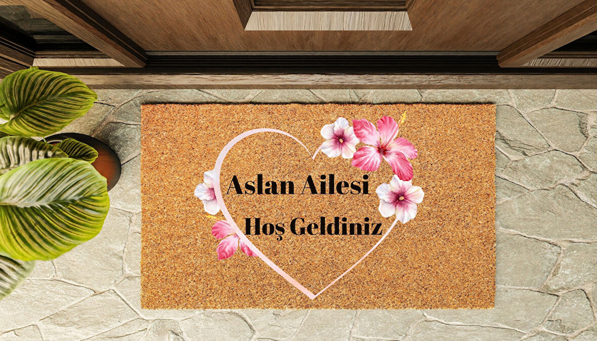 Kapı Önü Paspası Kişiye Özel Yazı Yazılır Koko Model Kalp Çiçek Desenli PK-1515