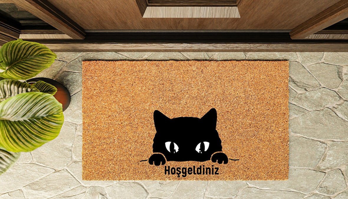 Kapı Önü Paspası Özel Tasarım Koko Model Siyah Kedi Hoşgeldiniz PK-1555