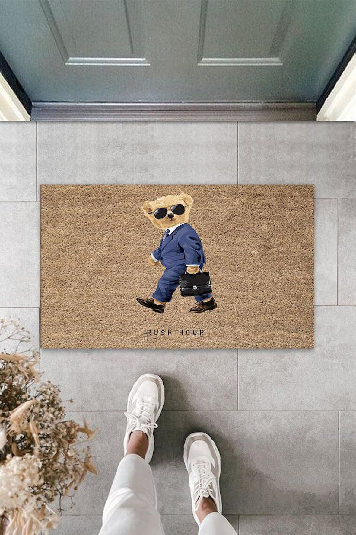 Bej Kapı Önü Paspası Rush Hour Ayıcık Desen  K-3318