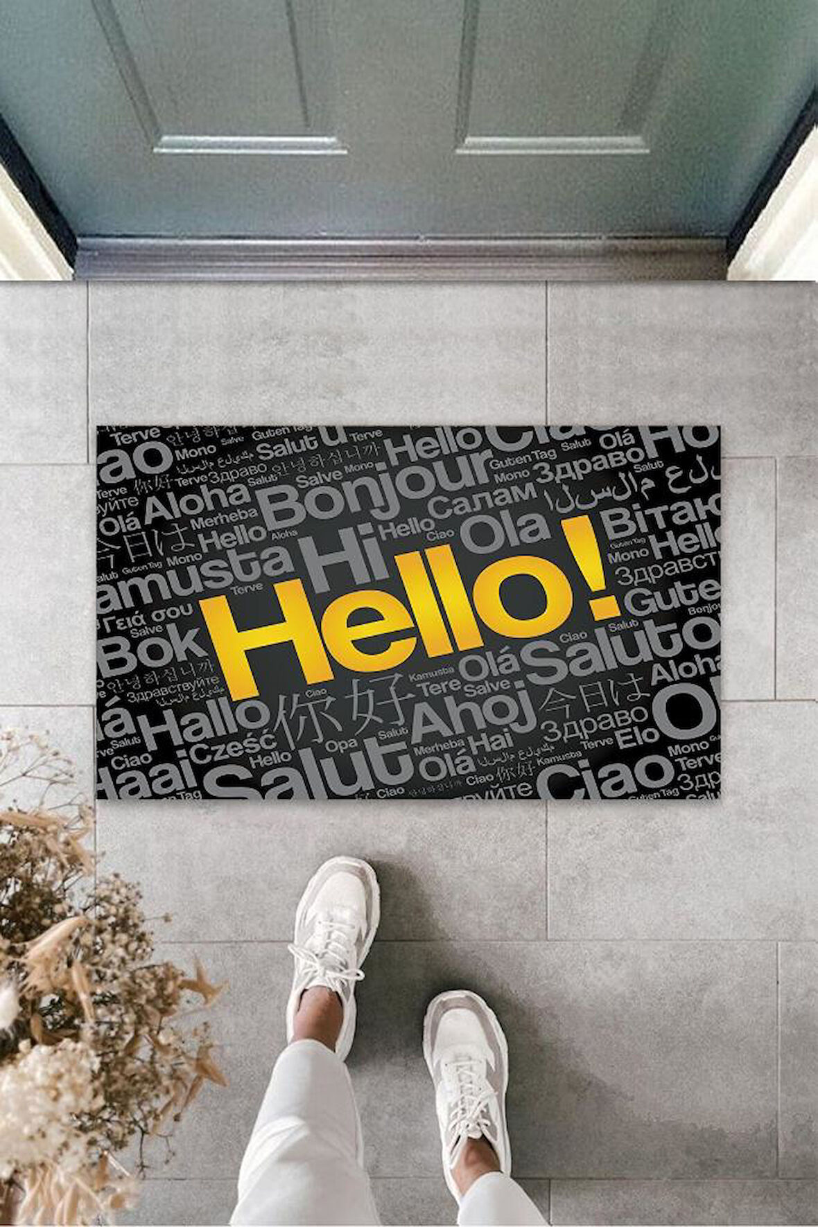 Siyah Kapı Önü Paspası Hello Desen  K-3265