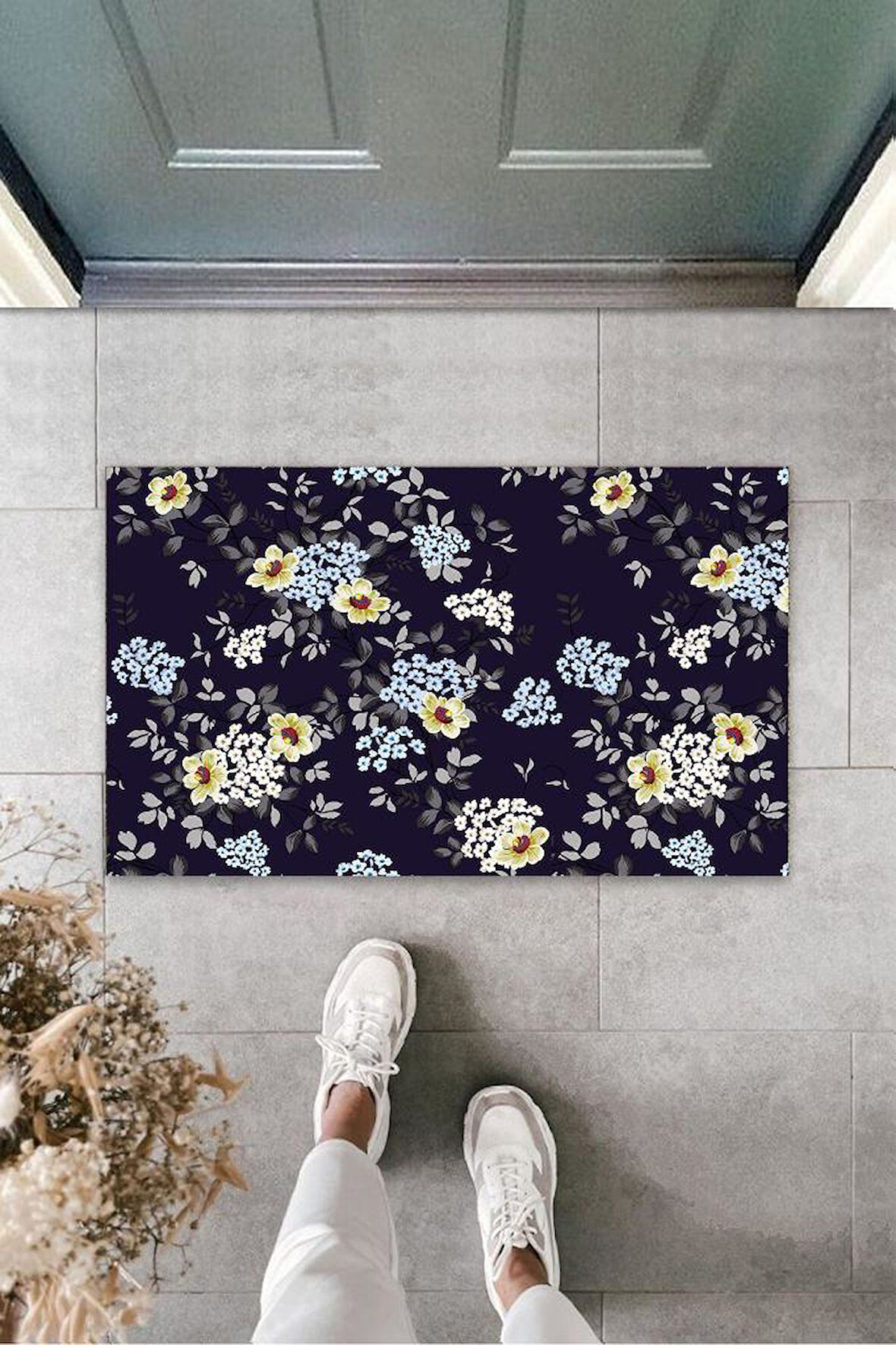 Lacivert Kapı Önü Paspası Minik Çiçekler Desen  K-3249