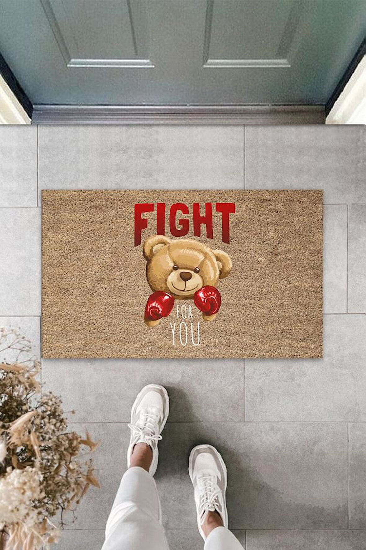 Bej Kapı Önü Paspası Fight For You Ayıcık Desen  K-3321