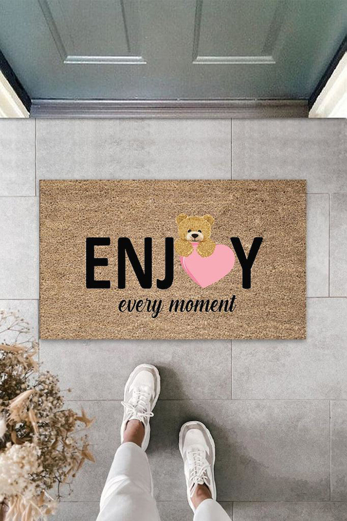 Bej Kapı Önü Paspası Enjoy Ever Moment Ayıcık Desen  K-3351