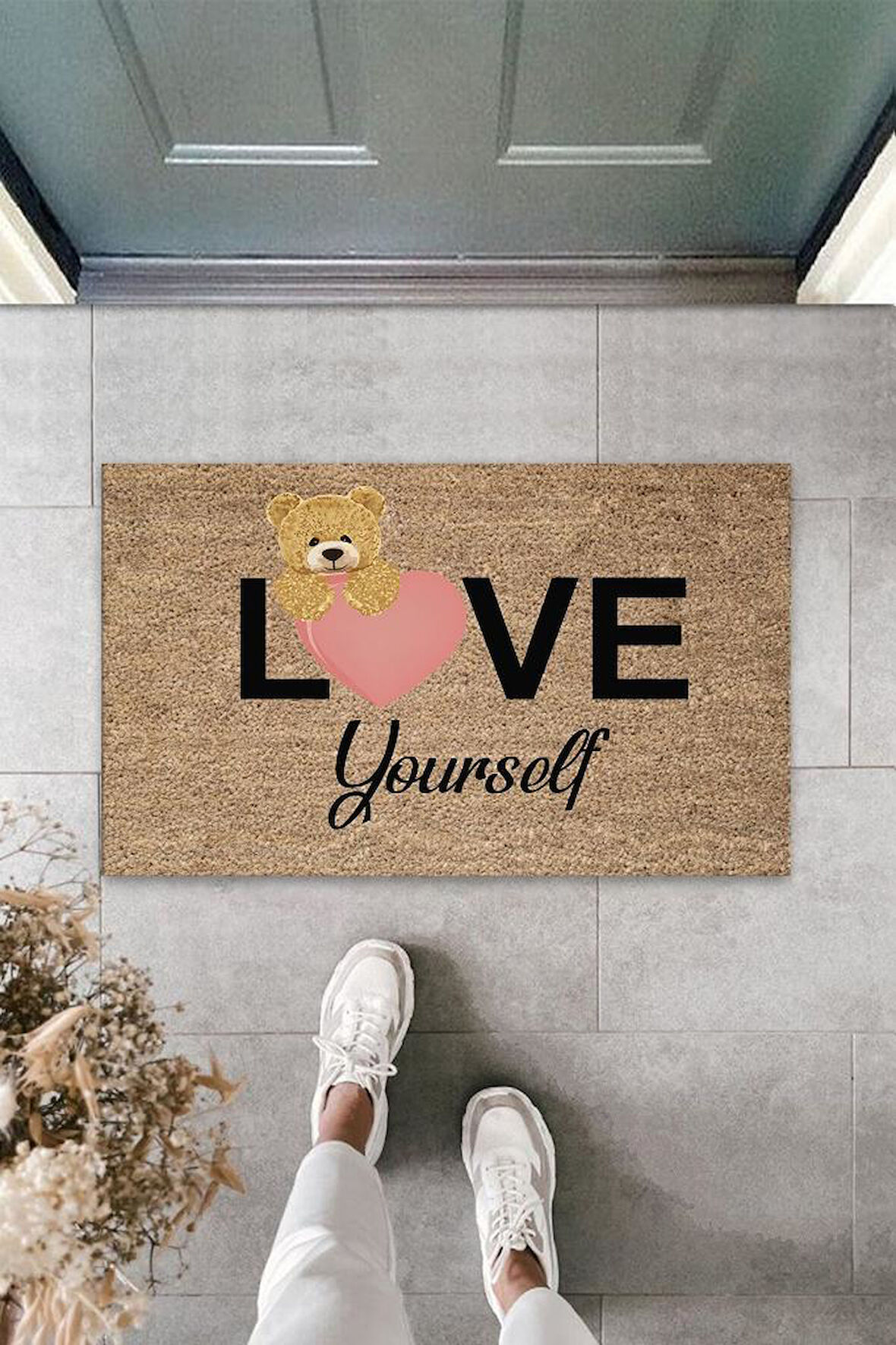 Bej Kapı Önü Paspası Love Yourself Ayıcık Desen  K-3327