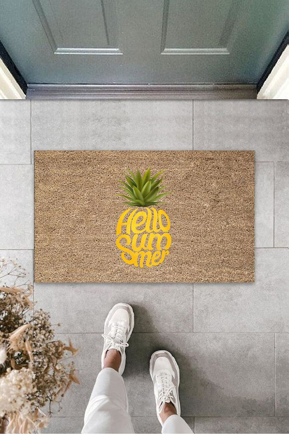 Kahverengi Kapı Önü Paspası Hello Summer Ananas Desen  K-3263