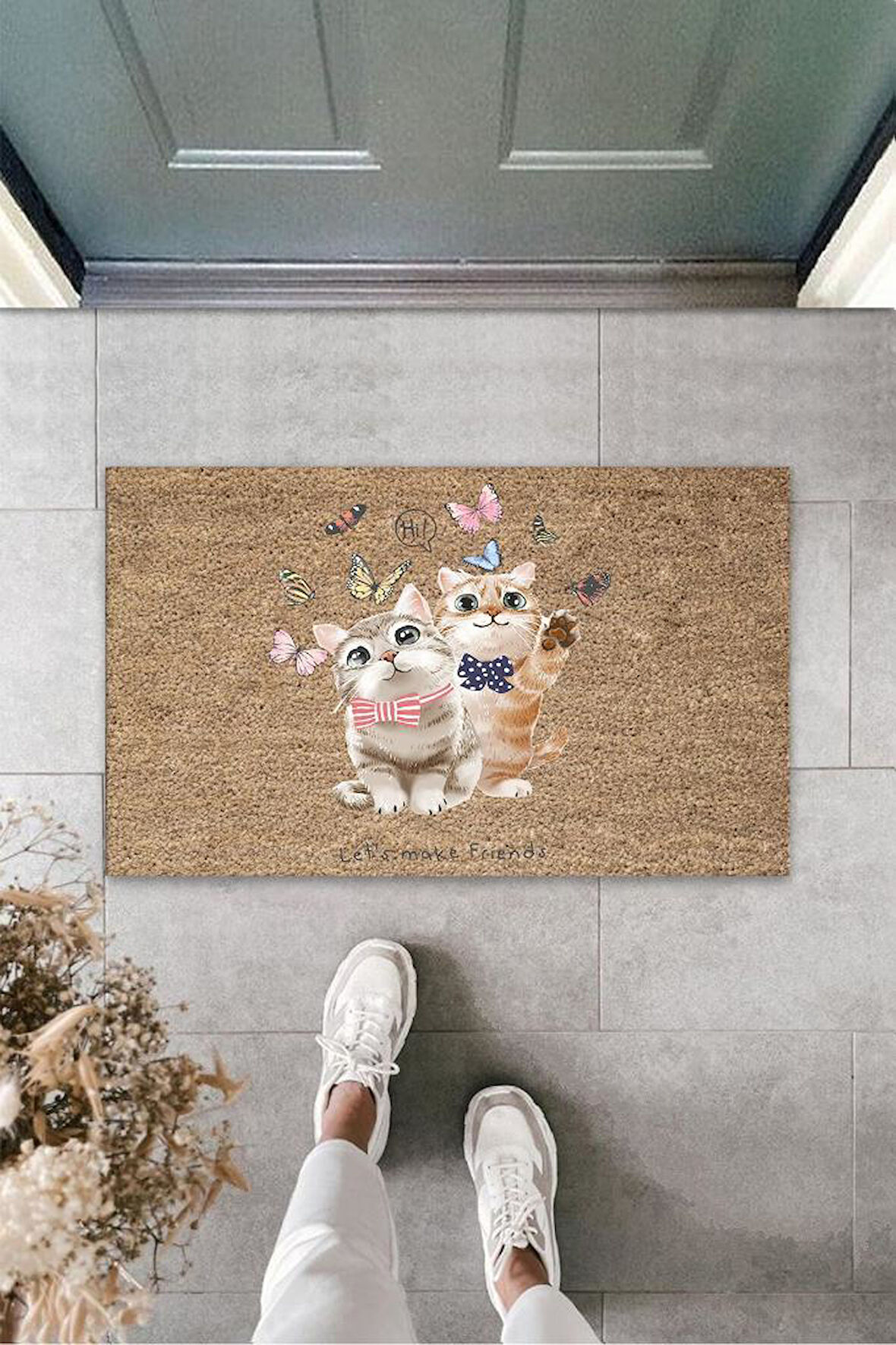 Dijital Hi 'li Kedicik Bej Kapı Paspası Dış Mekan Paspas K-3186