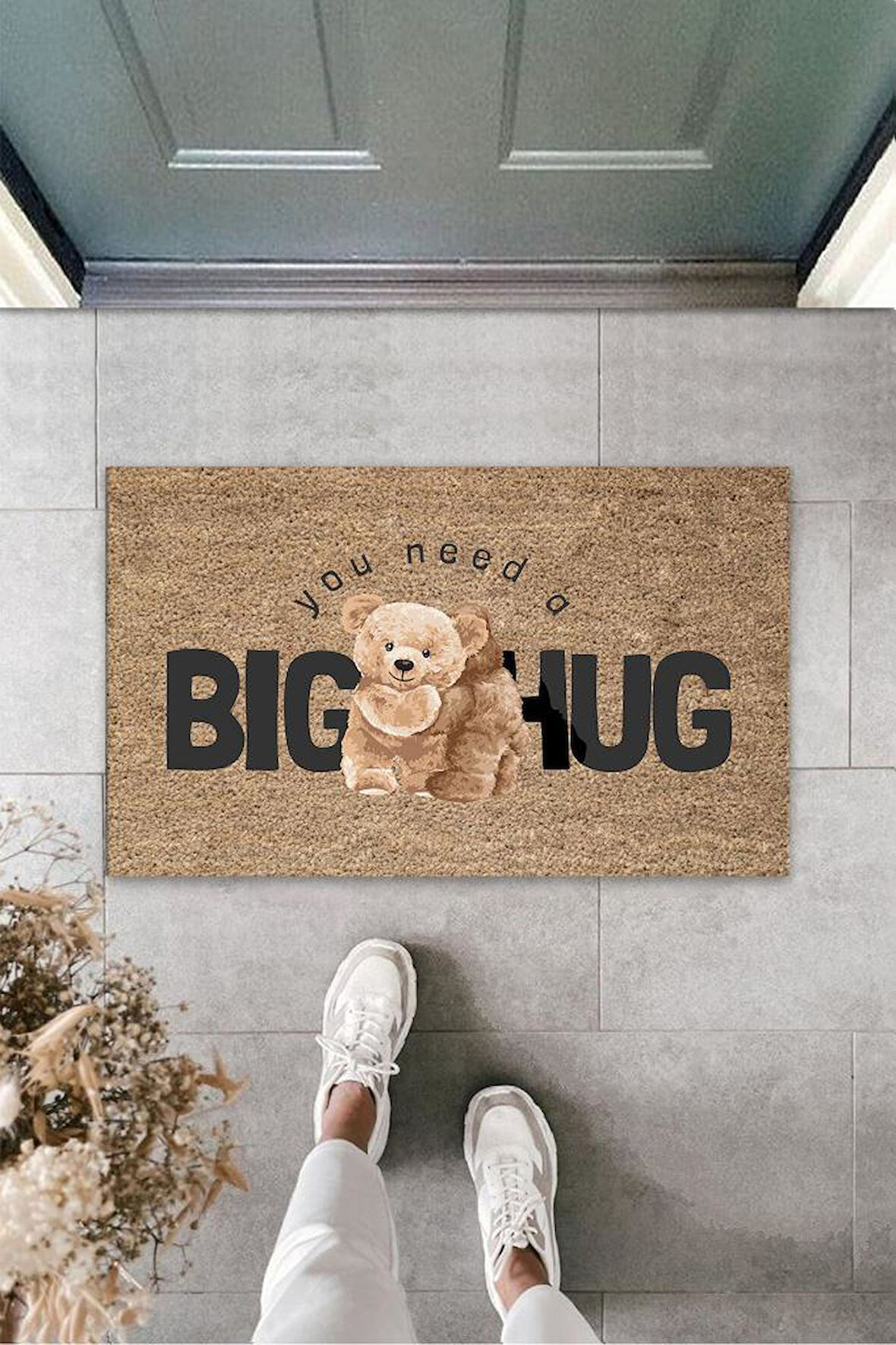 Dekoratif Dijital Big Hug Ayıcık Bej Kapı Paspası Dış Mekan Paspas K-3190