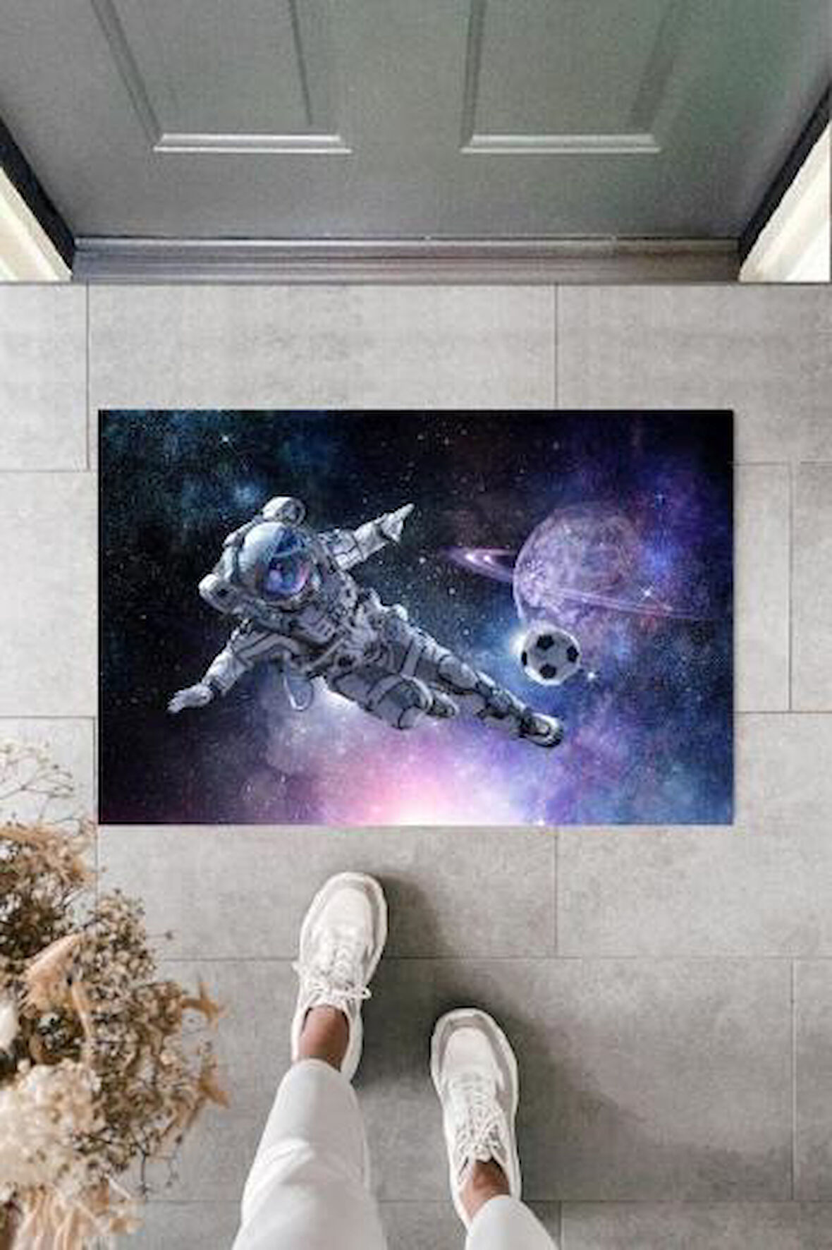 Dekoratif Dijital Galaxy Astronot Mavi Kapı Paspası Dış Mekan Paspas K-2119