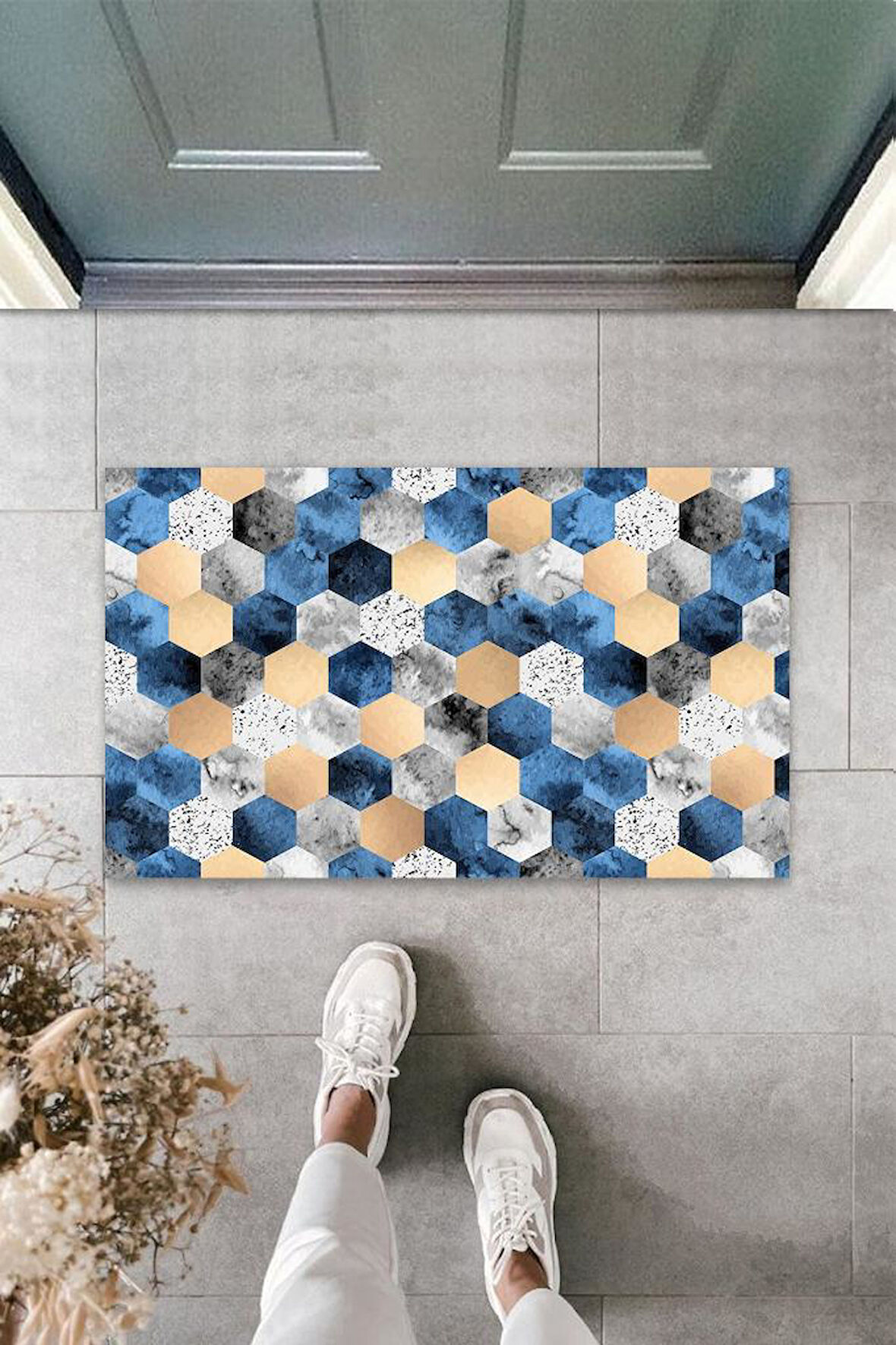 Dijital Baskı Mavi Petek Kapı Paspası K-3091