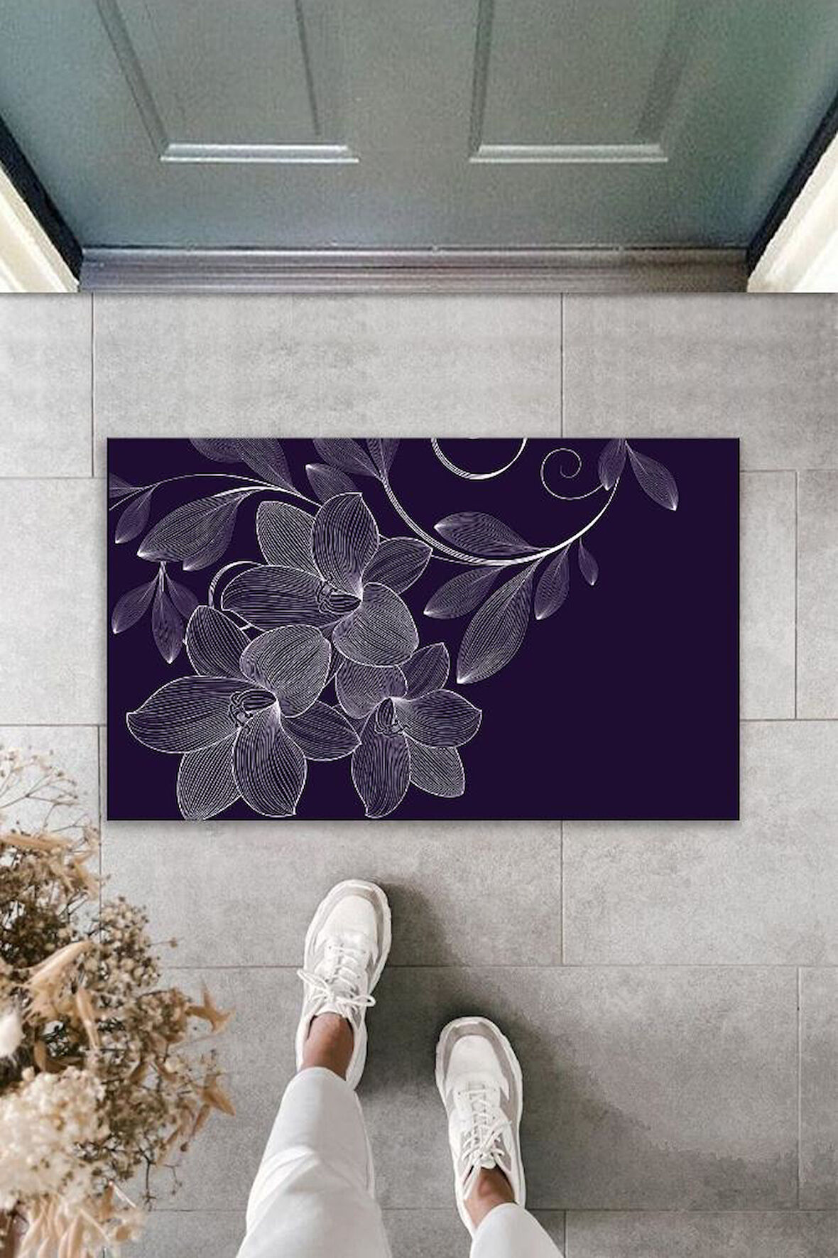 Dekoratif Dijital Baskı Siyah Zambak Dış Mekan Paspas K-2098