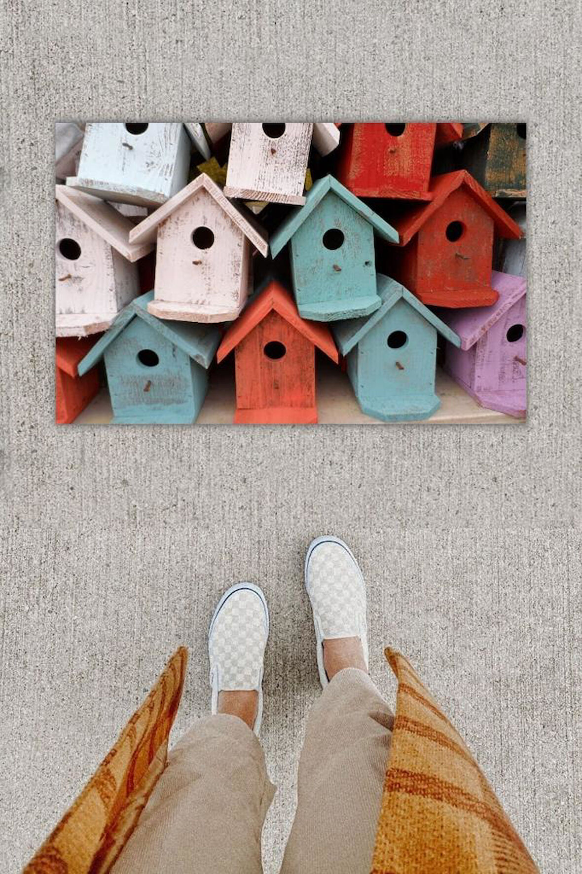 Dijital Baskı Dekoratif Kuş Evi Renkli Kapı Önü Paspası K-1218