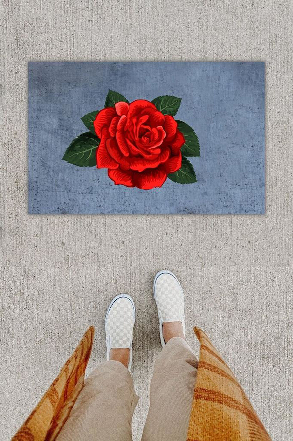 Dijital Baskı Dekoratif Gül Antrasit Kapı Önü Paspası K-1295