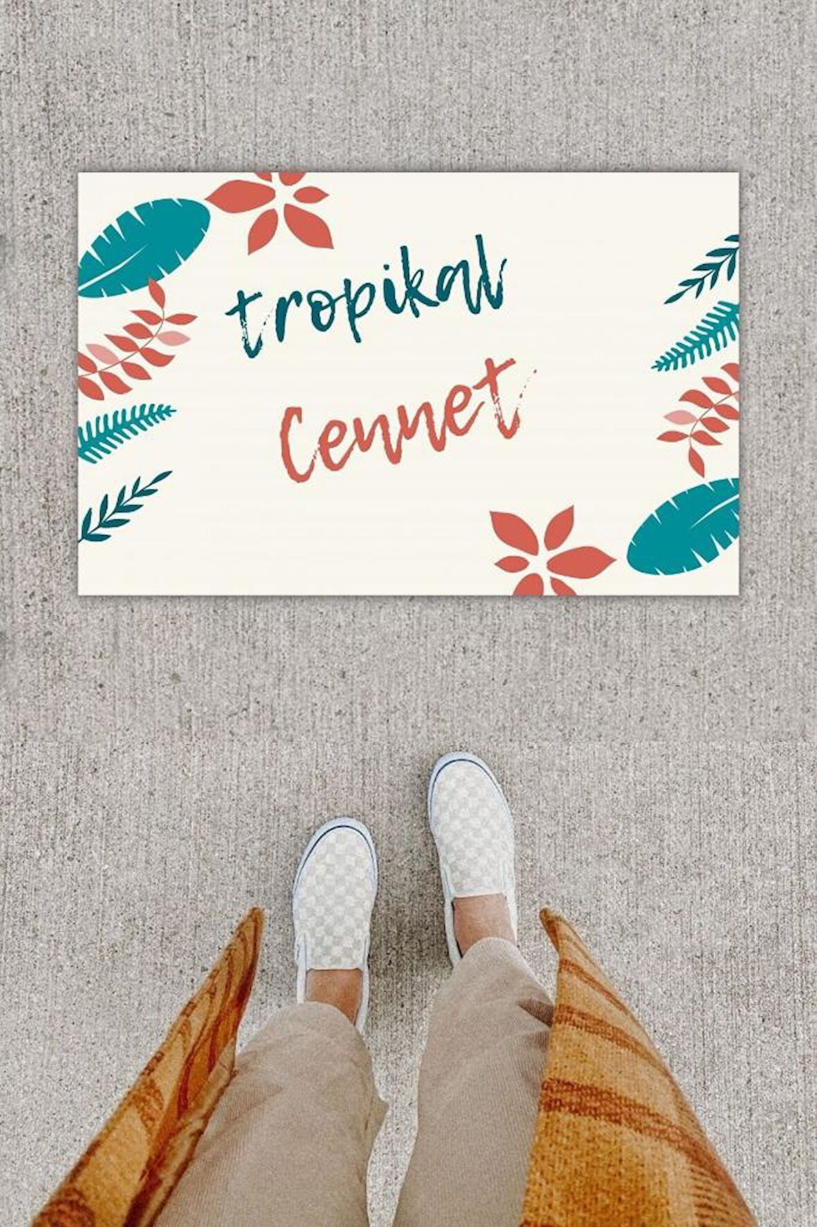 Dijital Baskı Dekoratif Yaprak Krem Kapı Önü Paspası K-1205