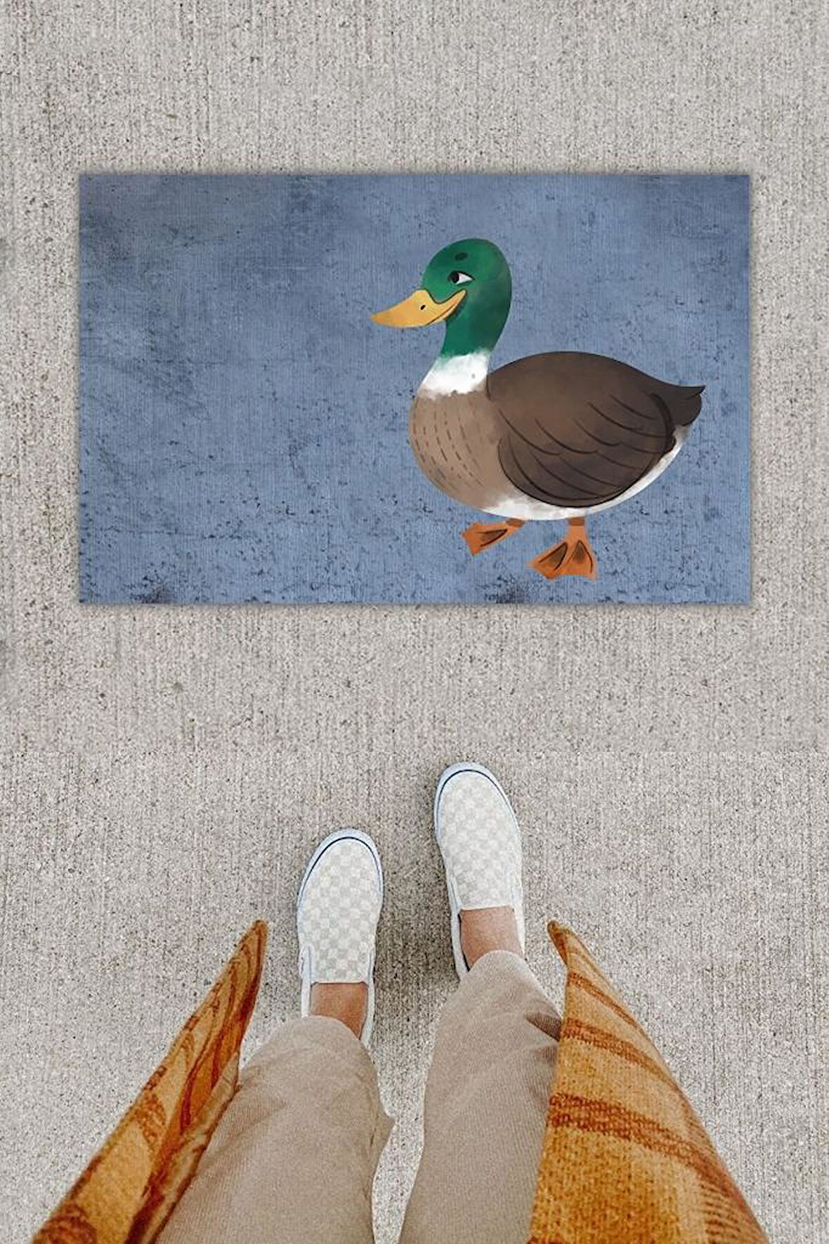 Dijital Baskı Dekoratif Ördek Antrasit Kapı Önü Paspası K-1293