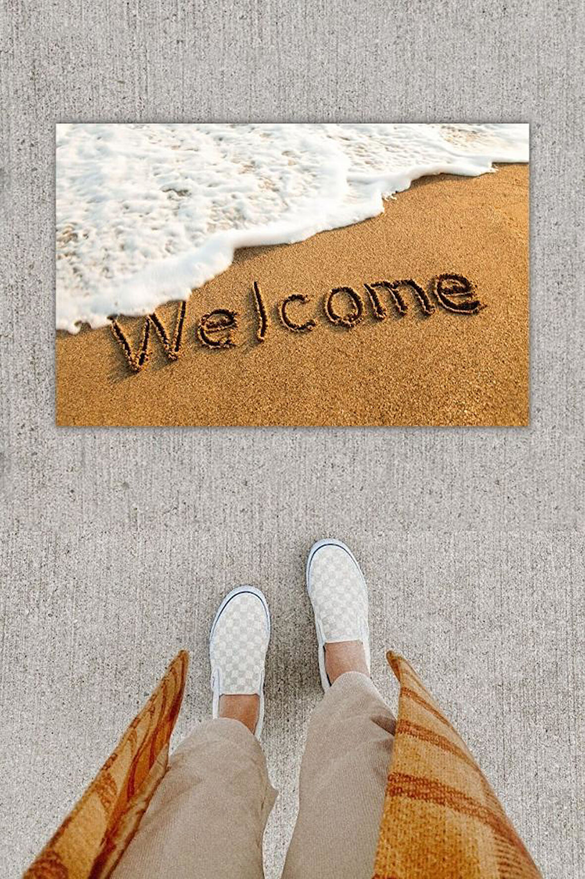 Dijital Baskı Dekoratif Welcome Beyaz Kapı Önü Paspası K-1253