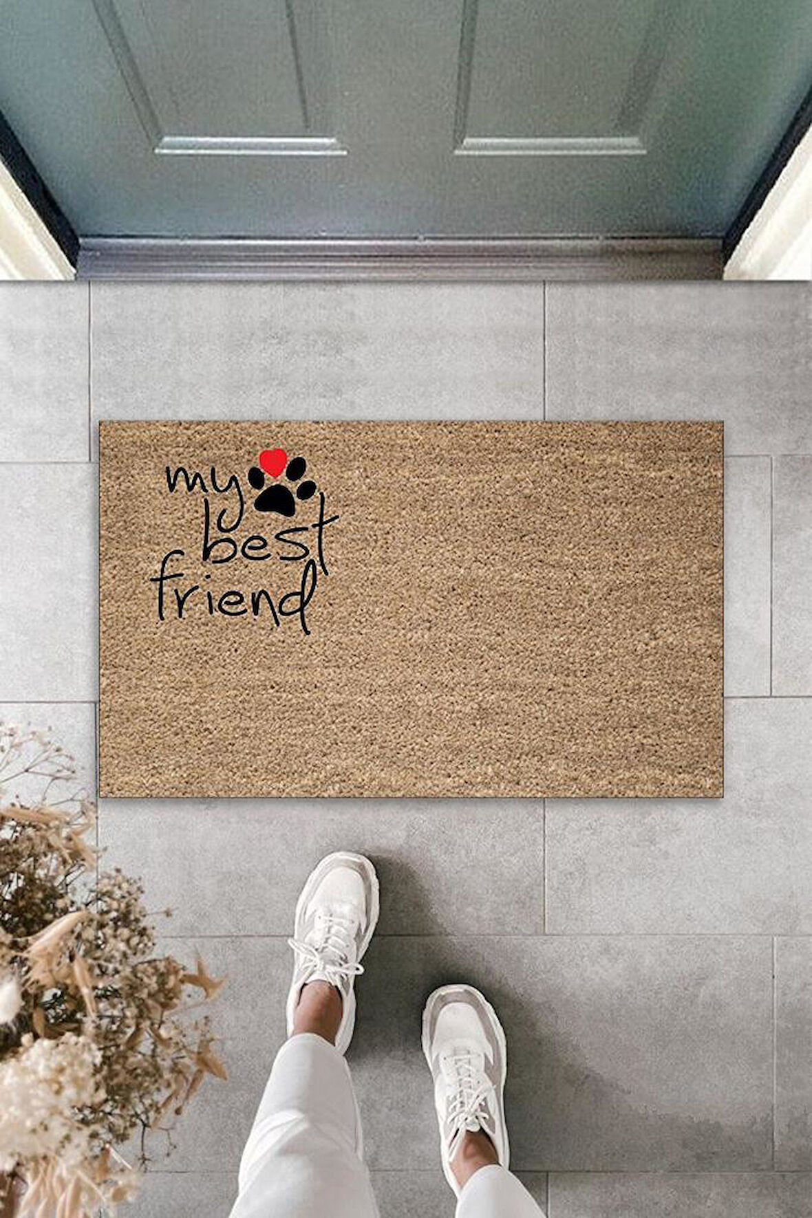 Dijital Baskı Kahverengi Patili My Best Friend Dekoratif Kapı Paspası K-2064