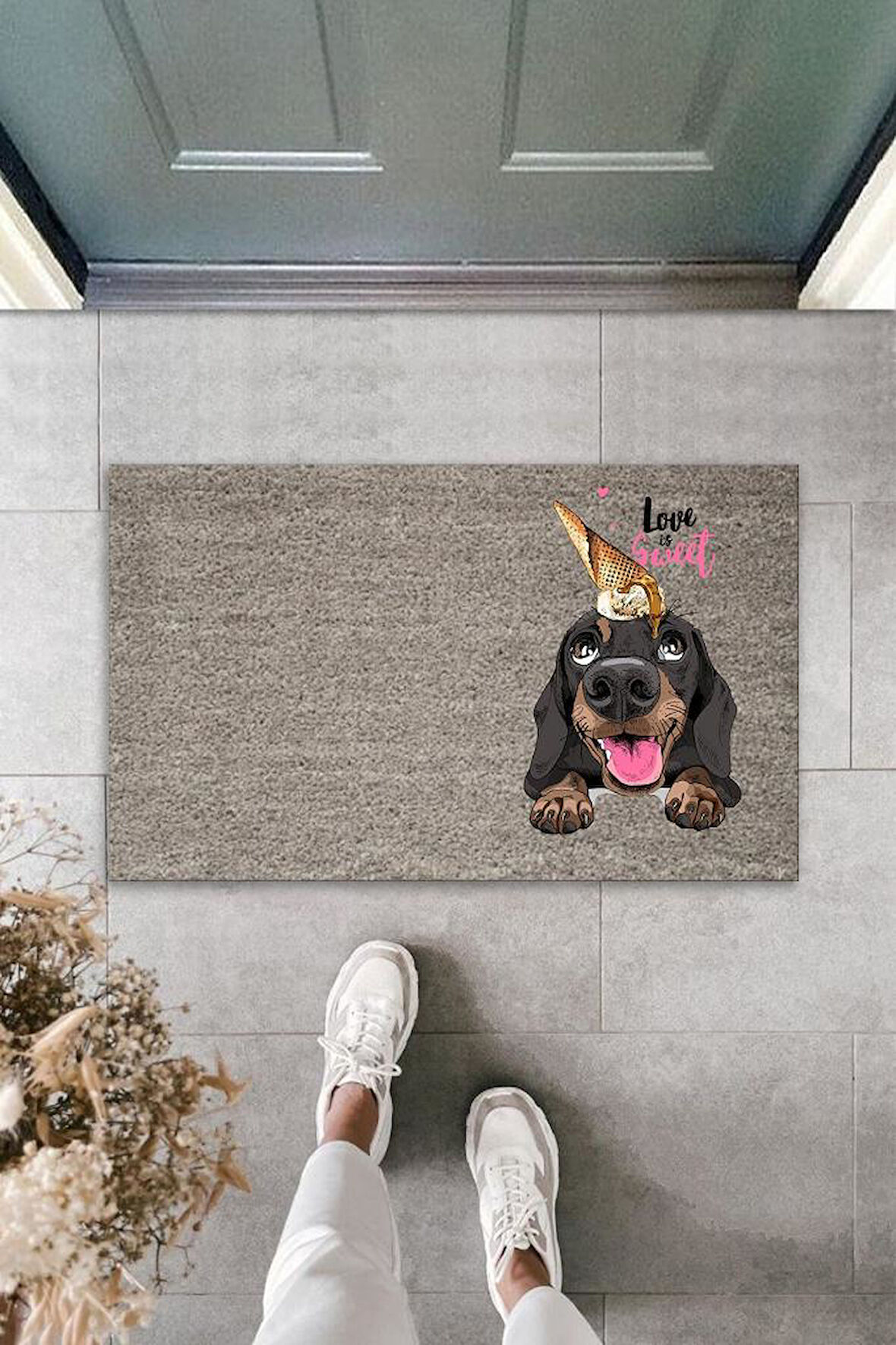Dijital Baskı Gri Love Sweet Kafasında Külahlı Dondurmalı Köpek Dekoratif Kapı Paspası K-2055