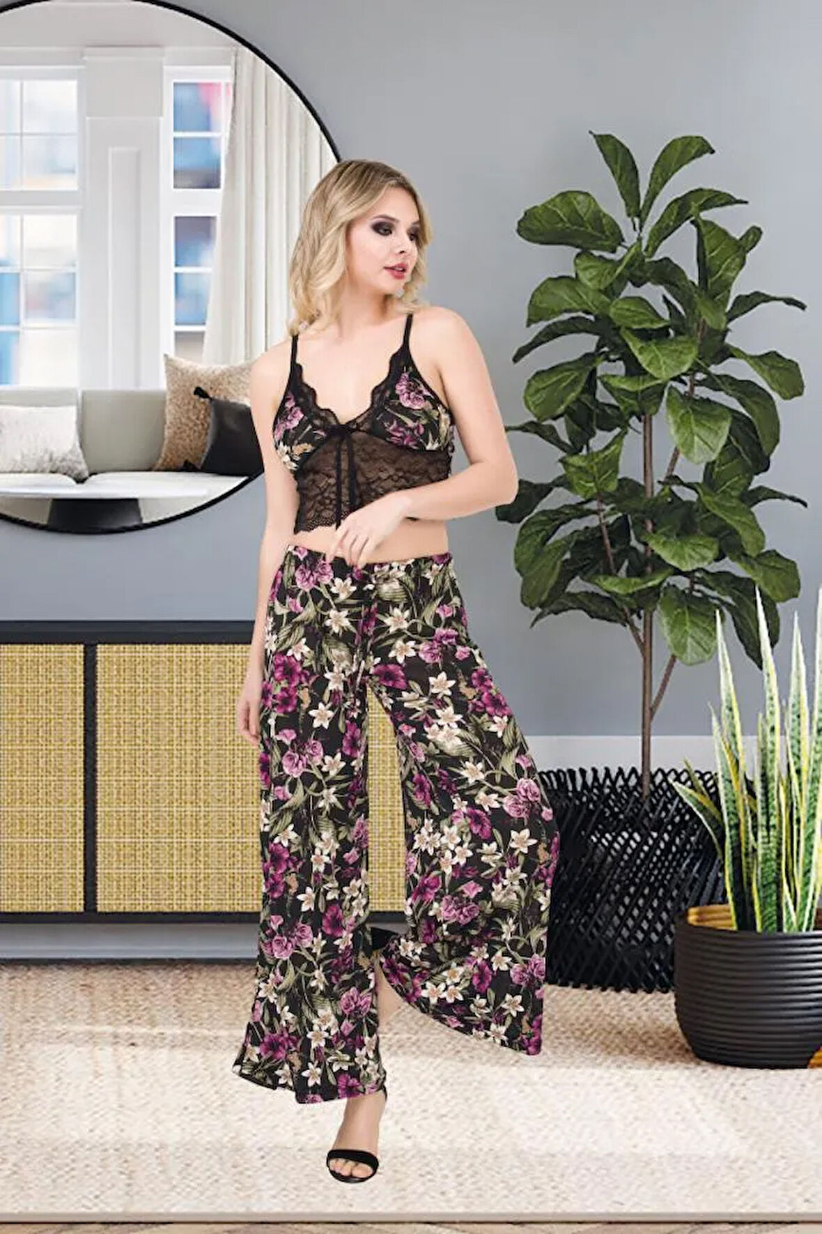 Günlük , Rahat , Bol Paça , İpeksi , İp Askılı Büstiyer Takımı - Karışık Renkli